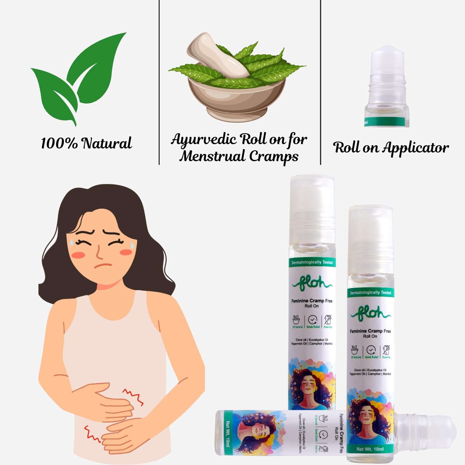 Floh Sanitary Pads XL (50 Pads) + Feminine Cramp Roll-On 10ml | Aloe Vera Enriched, Ultra Thin with Double Flap | Period Pain Relief Combo | 100% Natural, Quick Relief Roll-On 3