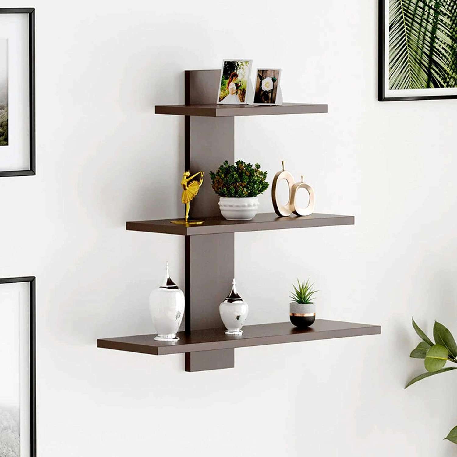Kuber Industries Wooden Wall Shelf|Multipurpose Tree Shape Display Rack|Engineered Wood Mount 3 Tier Shelves for Office & Home D�cor (Brown) (Pack of 2) 6