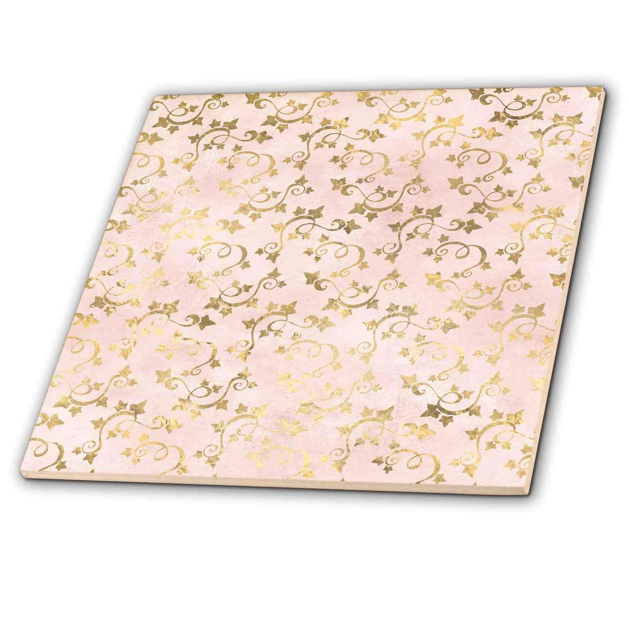 4 Inch Ceramic Tile - Pretty Image Of Gold Ivy Flourishes On A Pink Background Pattern Patterns