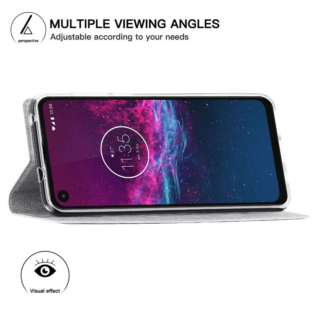 Foluu Motorola One Action Case, Flip Folio Wallet Cover Slim Premium PU Leather Case ID Card Slots Kickstand and Magnetic Closure Clear TPU Bumper Cover for Motorola One Action 2019 (Gray) 5