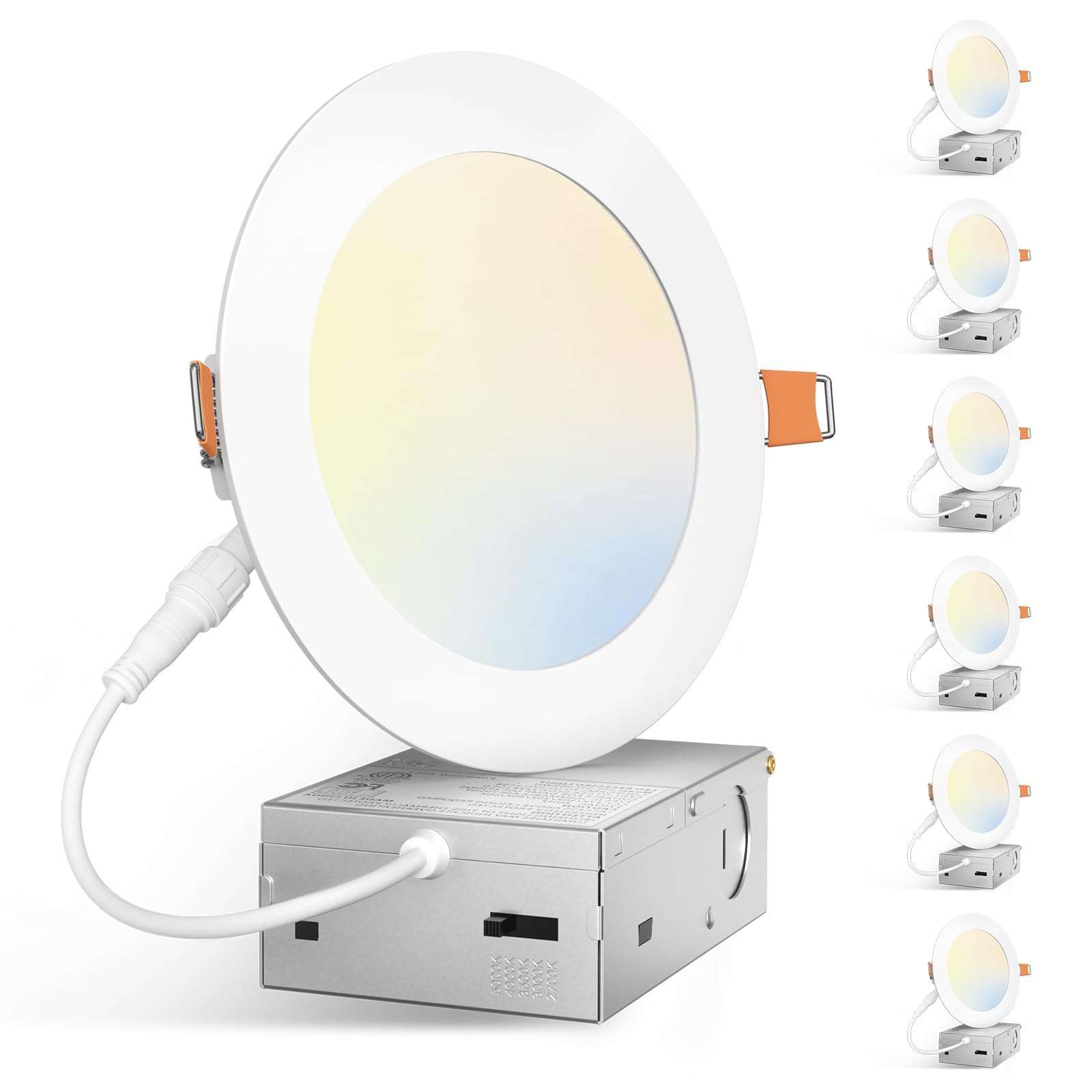 Amico 10 Pack 5 Inch 5CCT Ultra-Thin LED Canless Recessed Ceiling Light with Junction Box, 2700K/3000K/3500K/4000K/5000K Selectable, 11W=75W, 900LM High Brightness, Dimmable Wafer Downlight-ETL&FCC 3