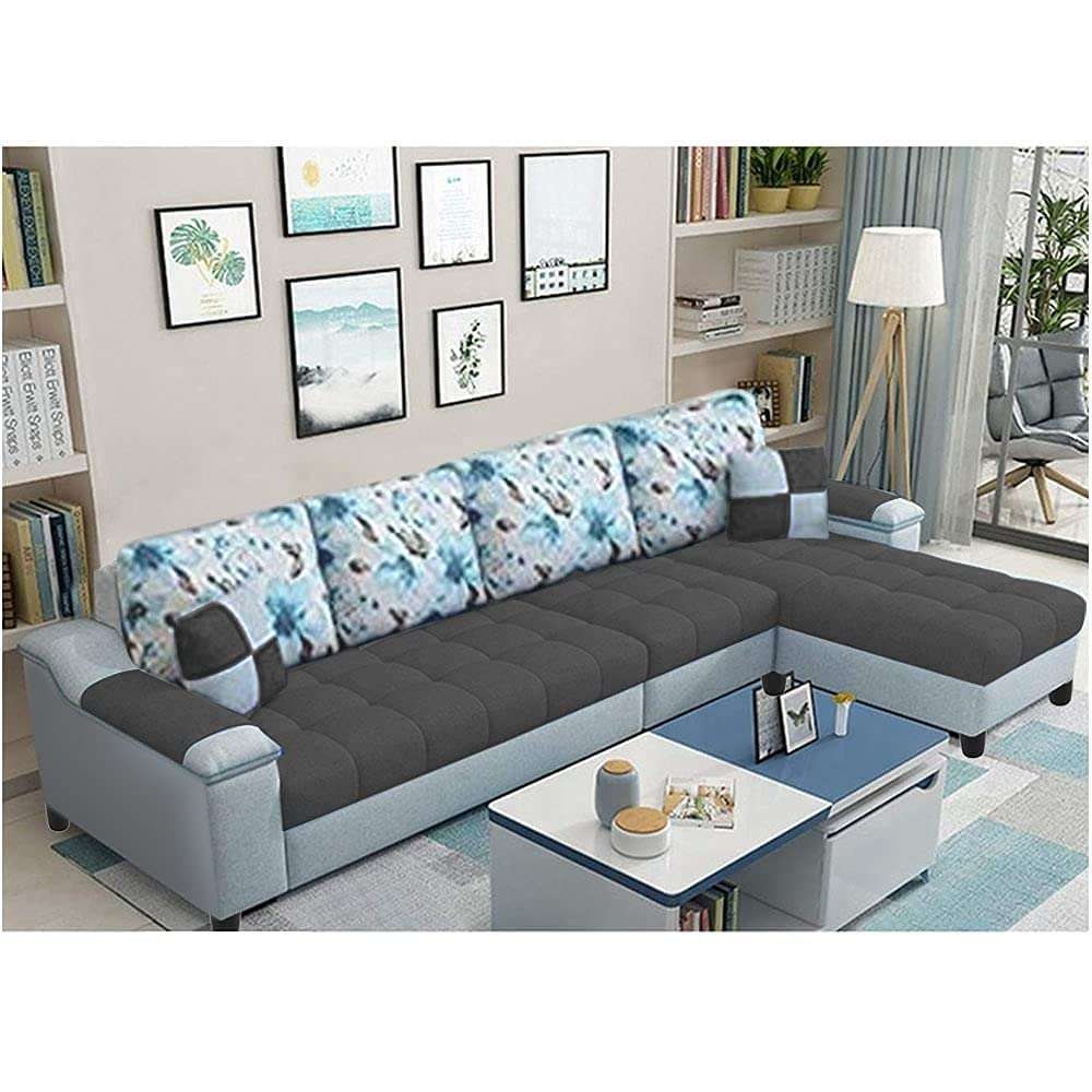 GRAPEWOOD - Gape RHS 6 Seater L Shape Sofa Set for Living Room (Dark Grey & Grey Fabric)