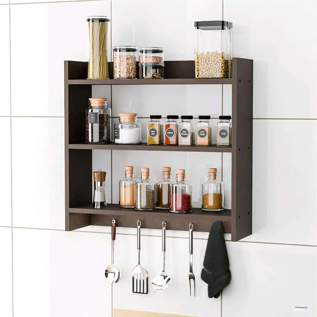 Shoper cart Modern Kitchen Wall Shelf with Hooks, 3-Tier White and Beech Wood Storage Rack, 55 x 50 cm, Utensil Organizer with Spice Jar Display (Brown) 1