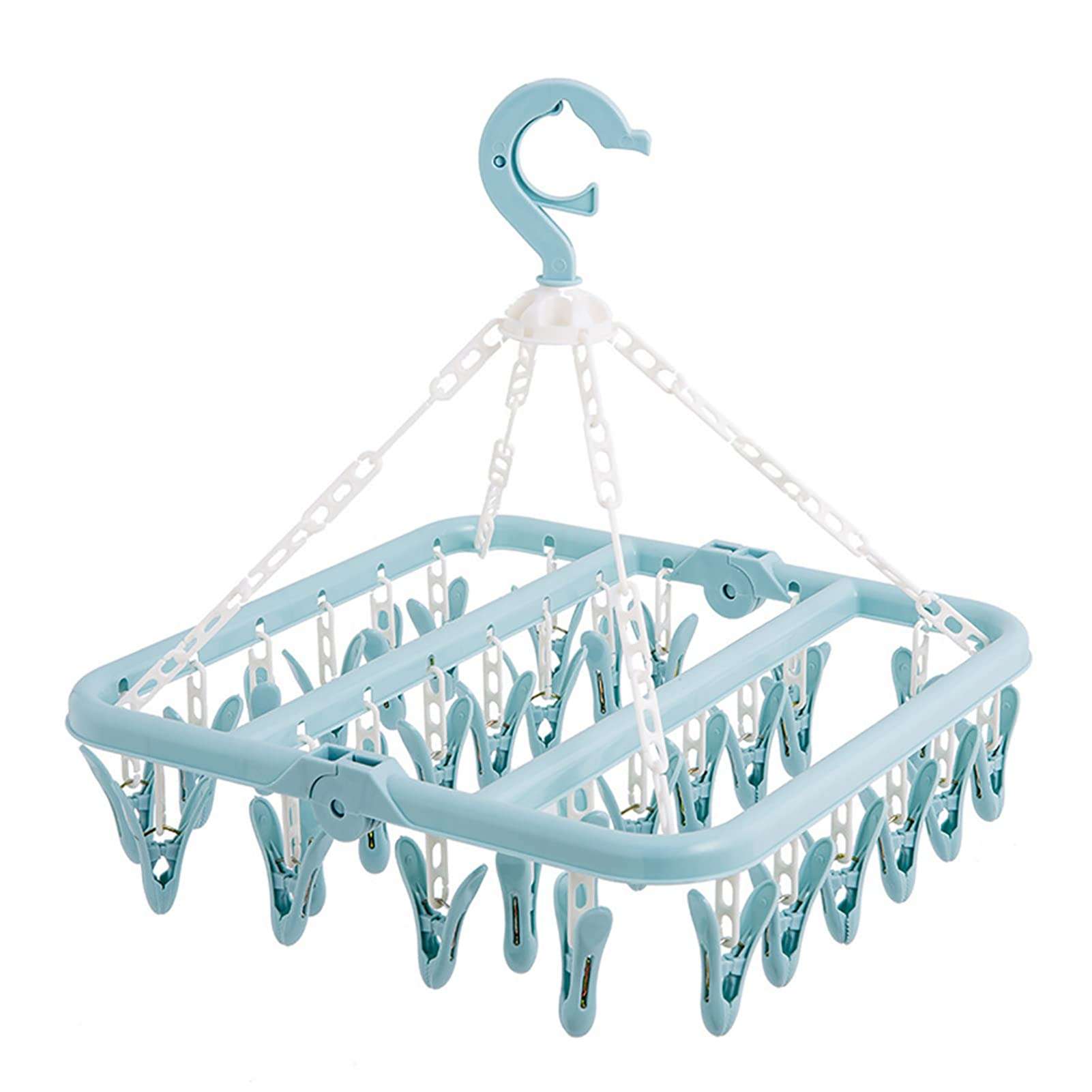 Laundry Hanger with 32 Clips, Foldable Laundry Clothespin Drying Rack, Non Slip Durable Hangers, Dresses Shirt Hangers for Home Closet Organization Use Socks Underwear Bras Scarf(Blue) 1