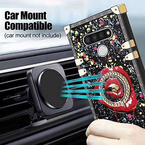 B-wishy for LG Stylo 6 Case, LG K71 Case with Kickstand Ring Holder Red Lips in Bullet Square Diamond Rivet Crystal Protective Retro Elegant Slim Shockproof TPU Cover for LG Stylo 6 5