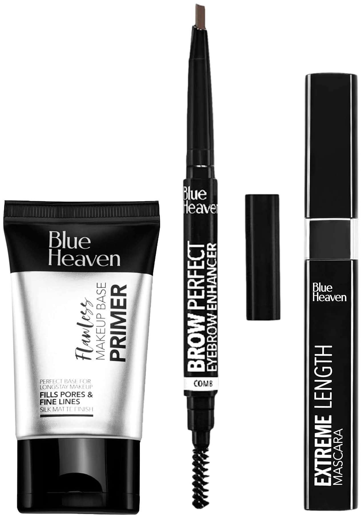 Blue Heaven Flawless Makeup Base Primer, 30g & Blue Heaven Artisto Eyebrow Enhancer Pencil & Styler, Honey Brown,0.30g & Blue Heaven Extreme Length Mascara, Black, 9 ml 1
