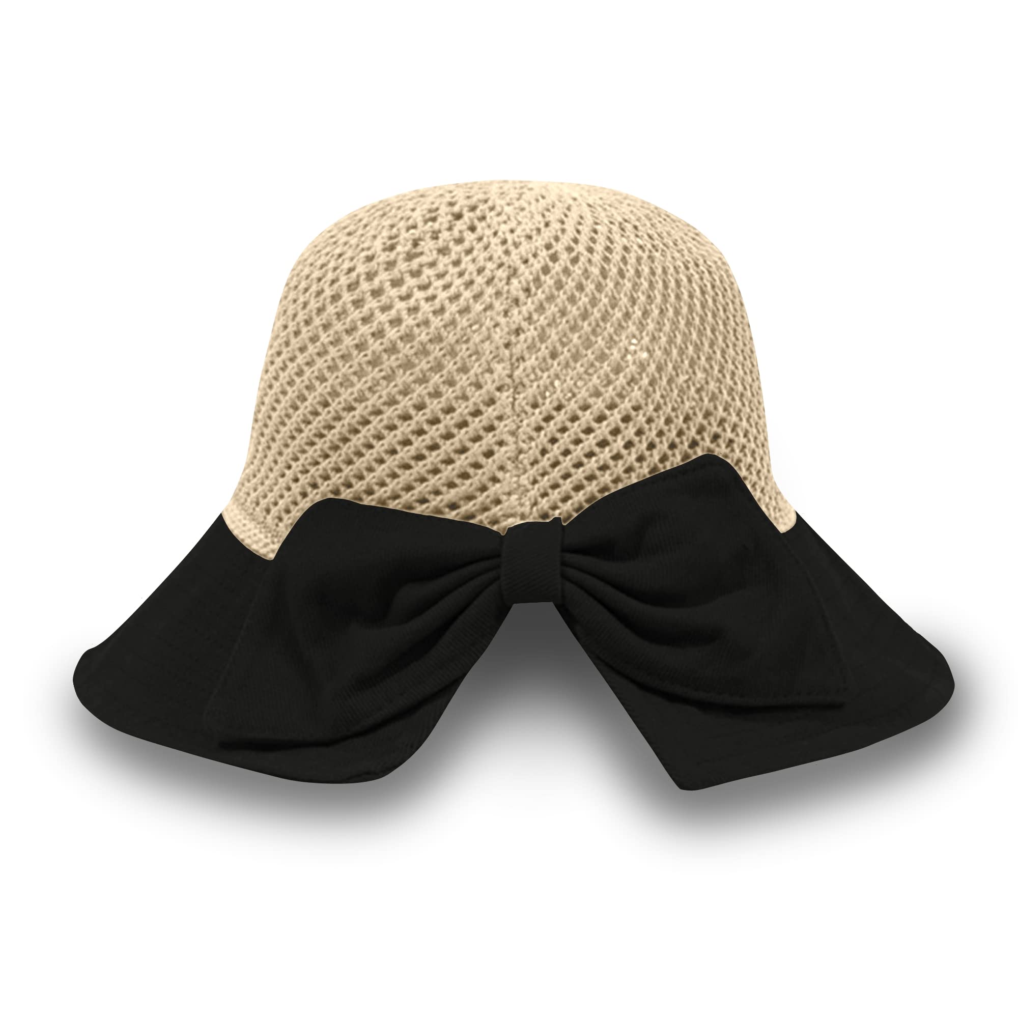 Straw Sun Summer Hat for Women, Female Wide Brim UPF 50+ UV Protection Bowknot Cap, Stylish Braid Visor, Ladies Foldable Roll Up Packable Floppy Beach Hat with Windproof Chin Strap, Black/Beige 1