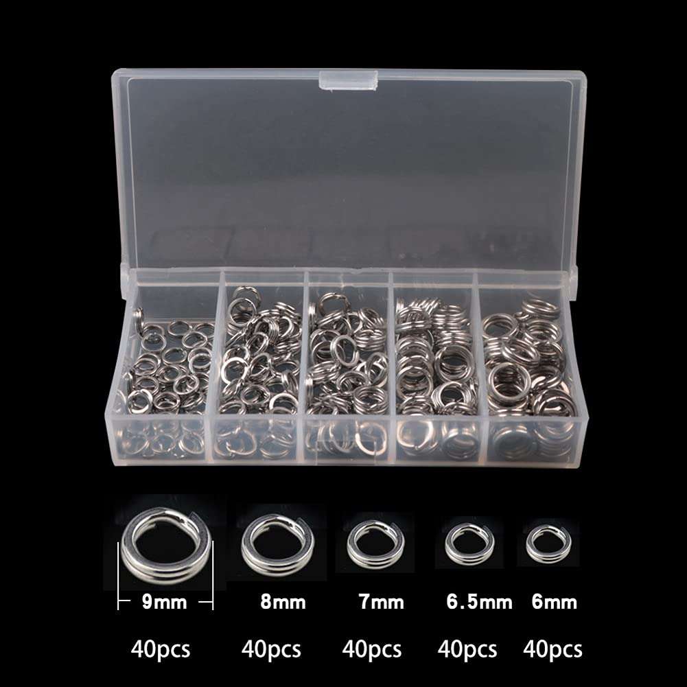 esowemsn A Box of 200pcs Stainless Steel Fishing Split Rings Double Fishing Lure Rings Kit Wire Snap Ring Fishing Lures Hook Connector 6-9mm Split Rings 5