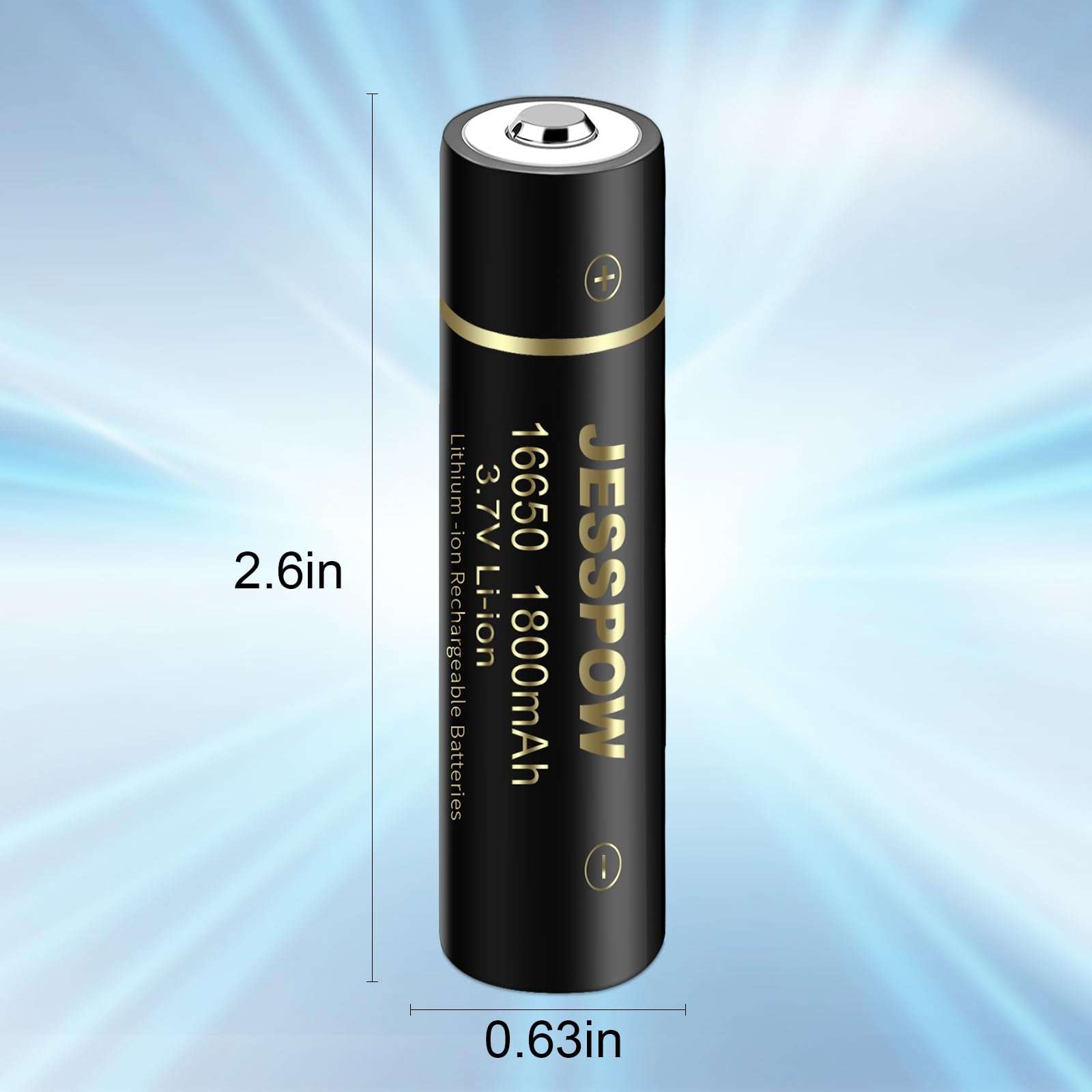 JESSPOW 16650 Rechargeable Battery, 16650 Battery 1800mAh 3.7V Li-ion Rechargeable Battery with Button Top for Flashlights Torches - 2 Pack 2