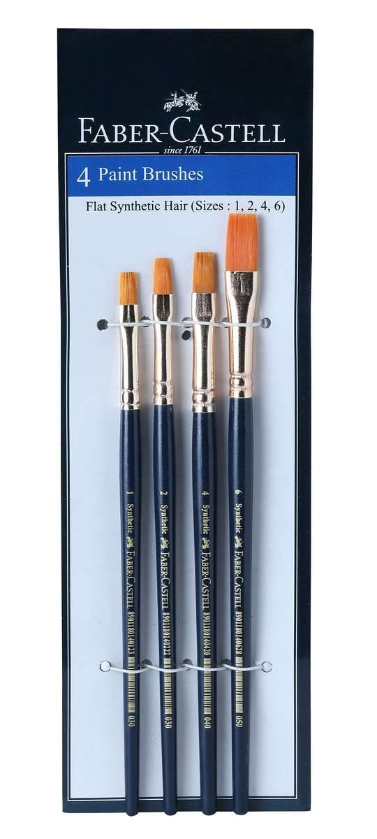 Faber-Castell Creative Studio Watercolours 9 ml Set of 12 Synthetic Hair Flat Assorted Paint Brush, Set of 4 6