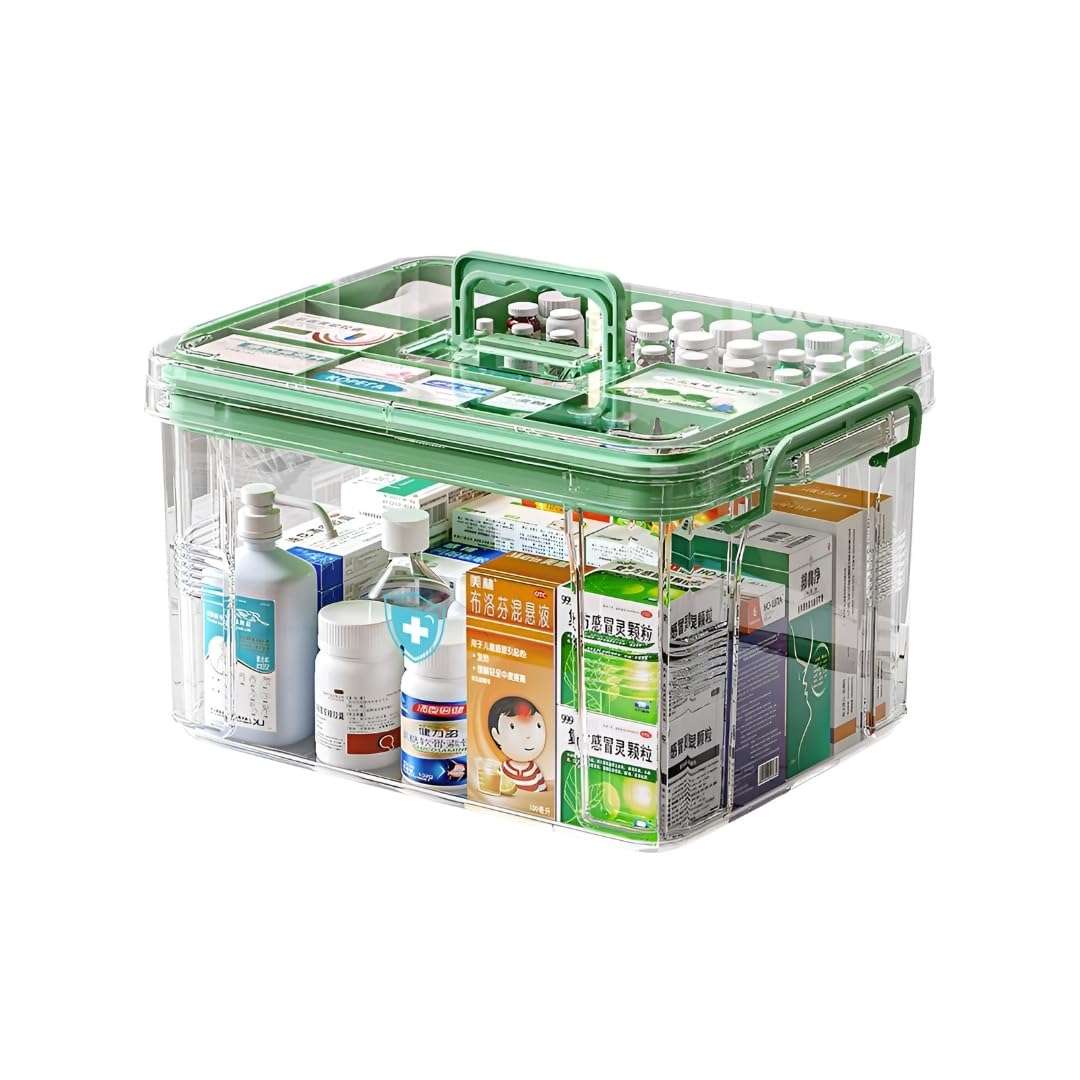 HoopVool® Clear Plastic Medicine Storage Box Organizer, Family Emergency Kit with Removable Pill Case Portable Lockable Container for, Art Craft and Cosmetic Household Organizer (Green, Small) 1