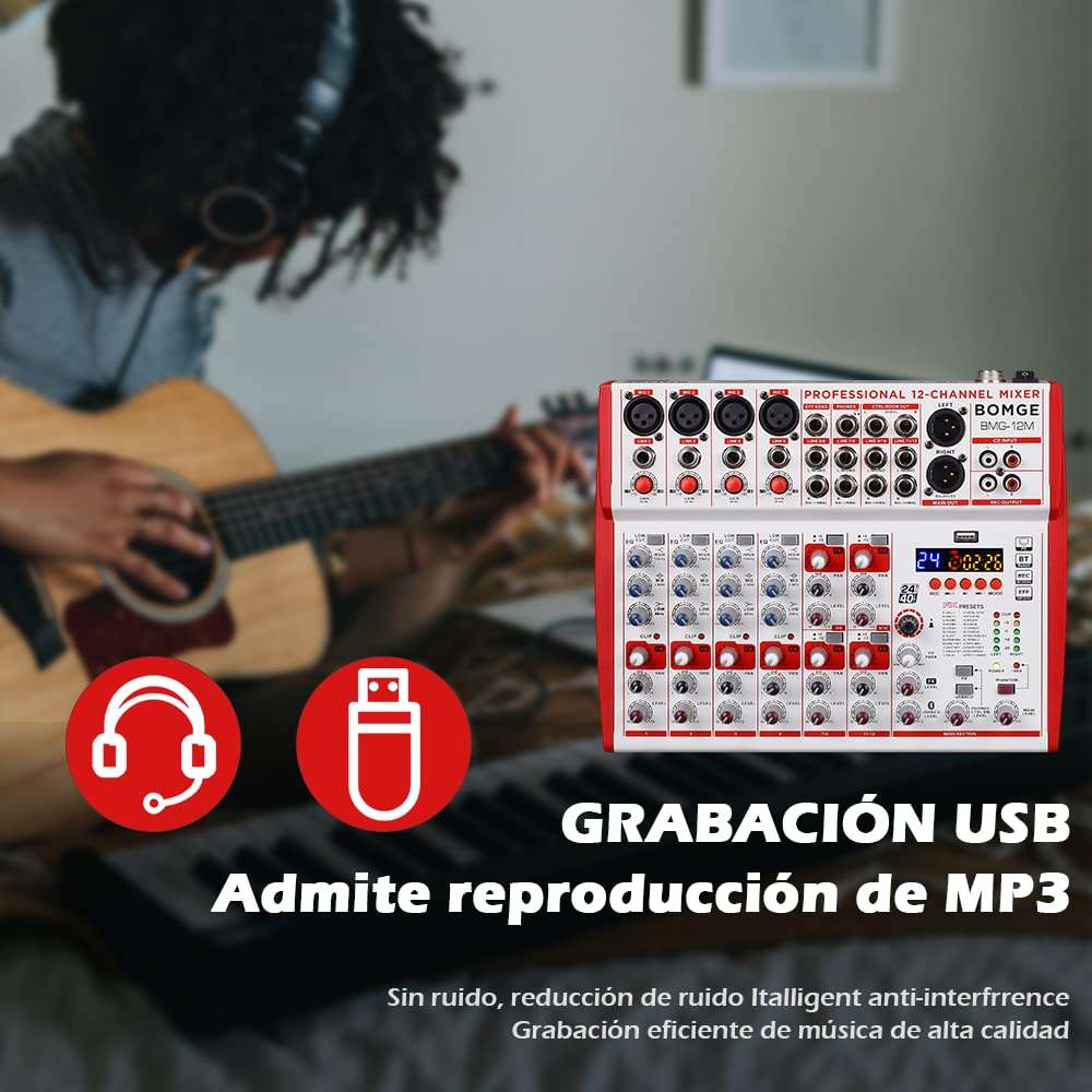 BOMGE 12-Input sound board Mixer with Mic Preamps and Compressors, 24DSP, bluetooth,48V Power,British EQ and USB/Audio Interface fro recording, karaoke and podcast. (12M-12 Channel) 3