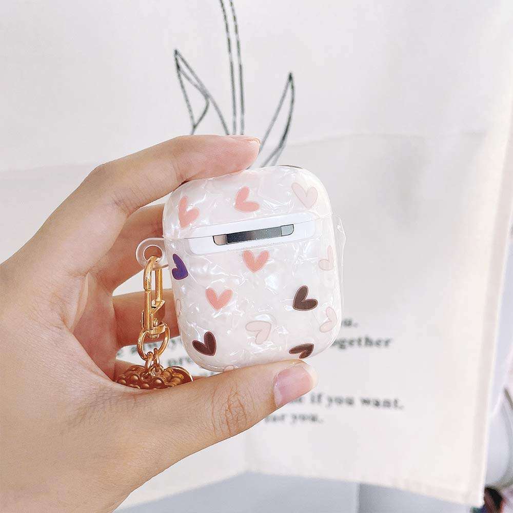 Ownest Compatible with AirPods Case with Pearl Heart Shape Keychain Shell Heart Pattern Cute Girls Woman Case Soft Cover Case for Airpods 2 &1,Cute for Airpods-Heart 3