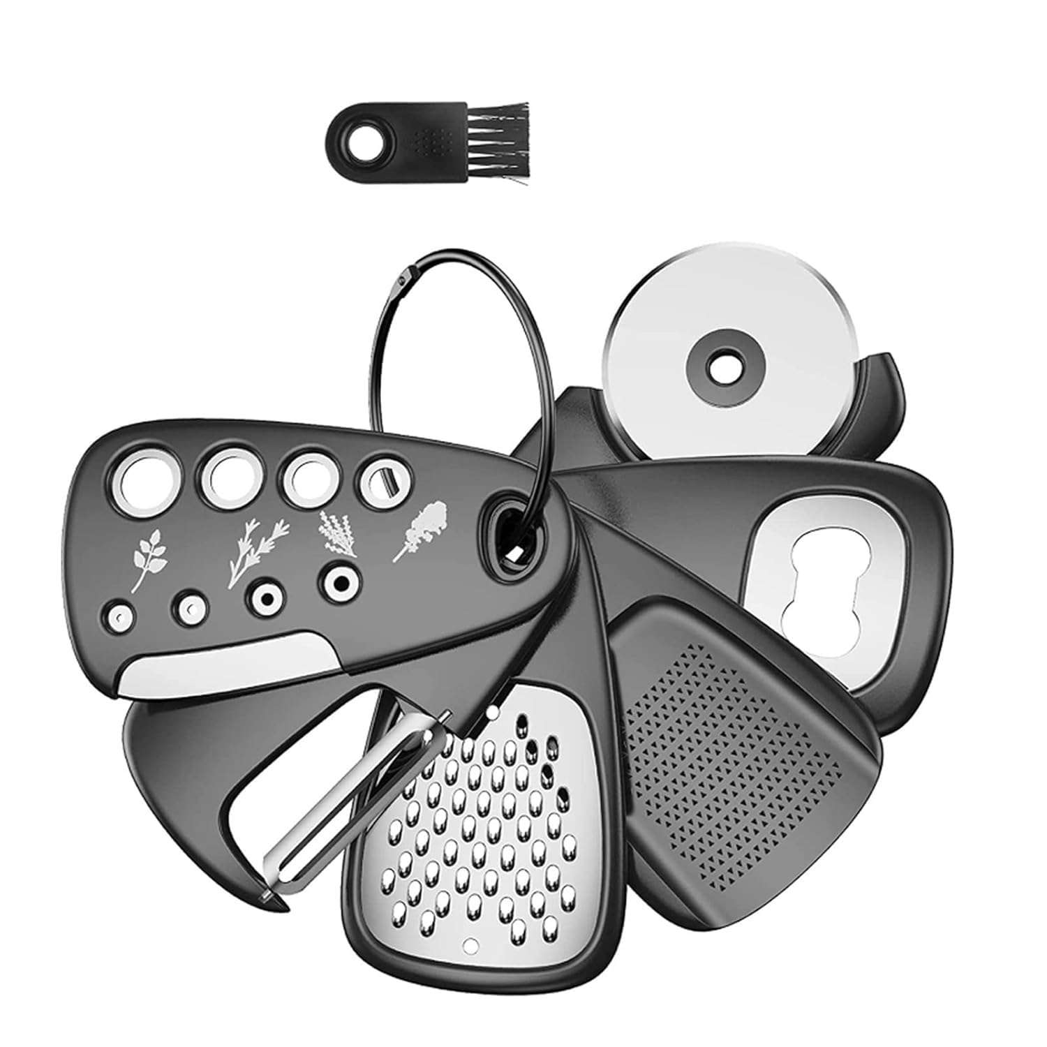 Stainless Steel Kitchen Gadget Set, 6-Piece Stackable Tools, Includes Grater, Garlic Grinder, Pizza Knife, Vegetable Peeler, Spice Cutter for RVs, Camping, Manual Operation Without Power 1