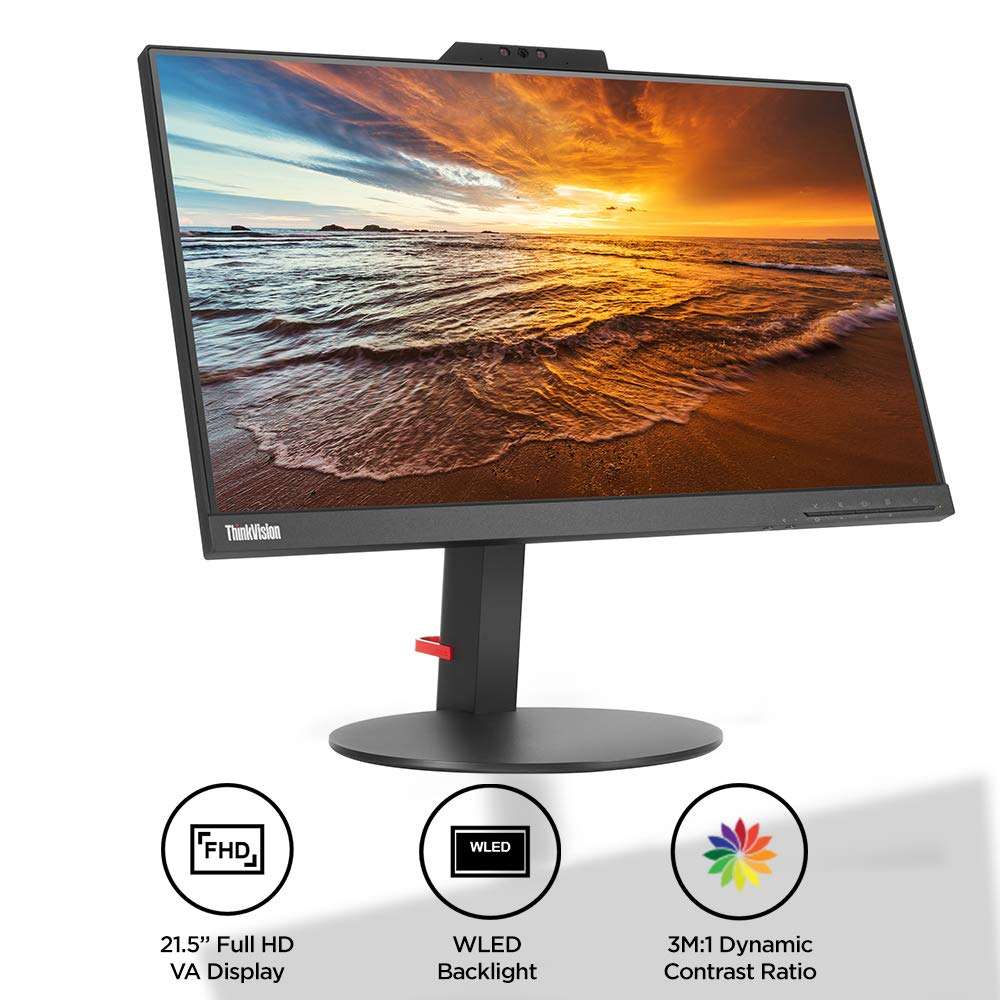 Lenovo ThinkVision T22v-10 21.5 inch LED lit VoIP Monitor - FHD, IPS Panel, Near Edgeless with Full range connectivity - HDMI, VGA, DP ports, USB Hub, fully functional stand with Camera, Speaker & Mic 2