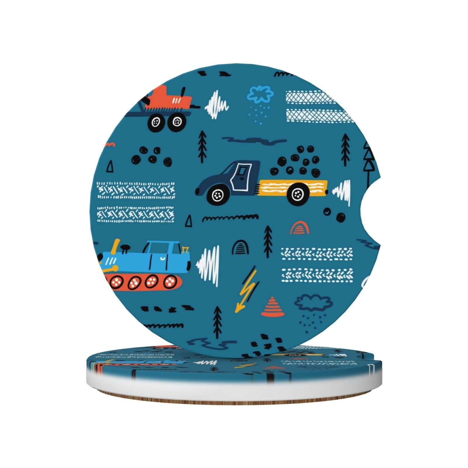 Xiso Ver Construction Trucks Car Cup Coasters 2 Pack Ceramic Cup Holders 2.56" Cork Base Drink Coasters with Finger Notch for Easy Move of Car Cup Holder 1