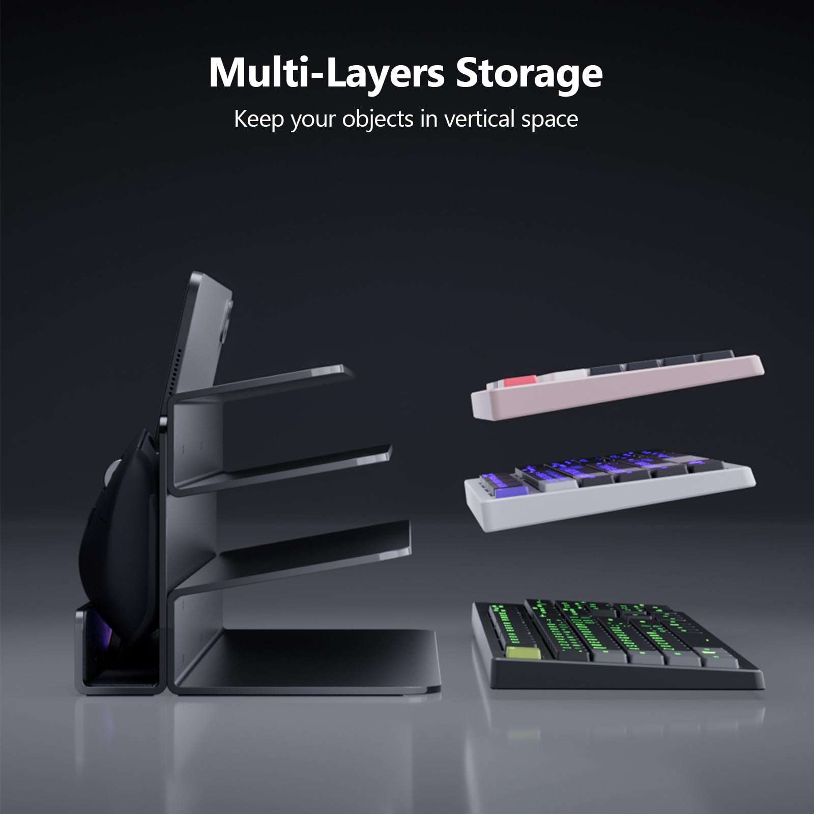 Yikola Acrylic Keyboard Mouse Storage Rack, 3-Tier Keyboard Display Stand-Full Size,Acrylic Frame Holder Stand, Gaming Keyboard Plate Holder Keyboard Mouse Desktop Organizer-Ultra Black 4