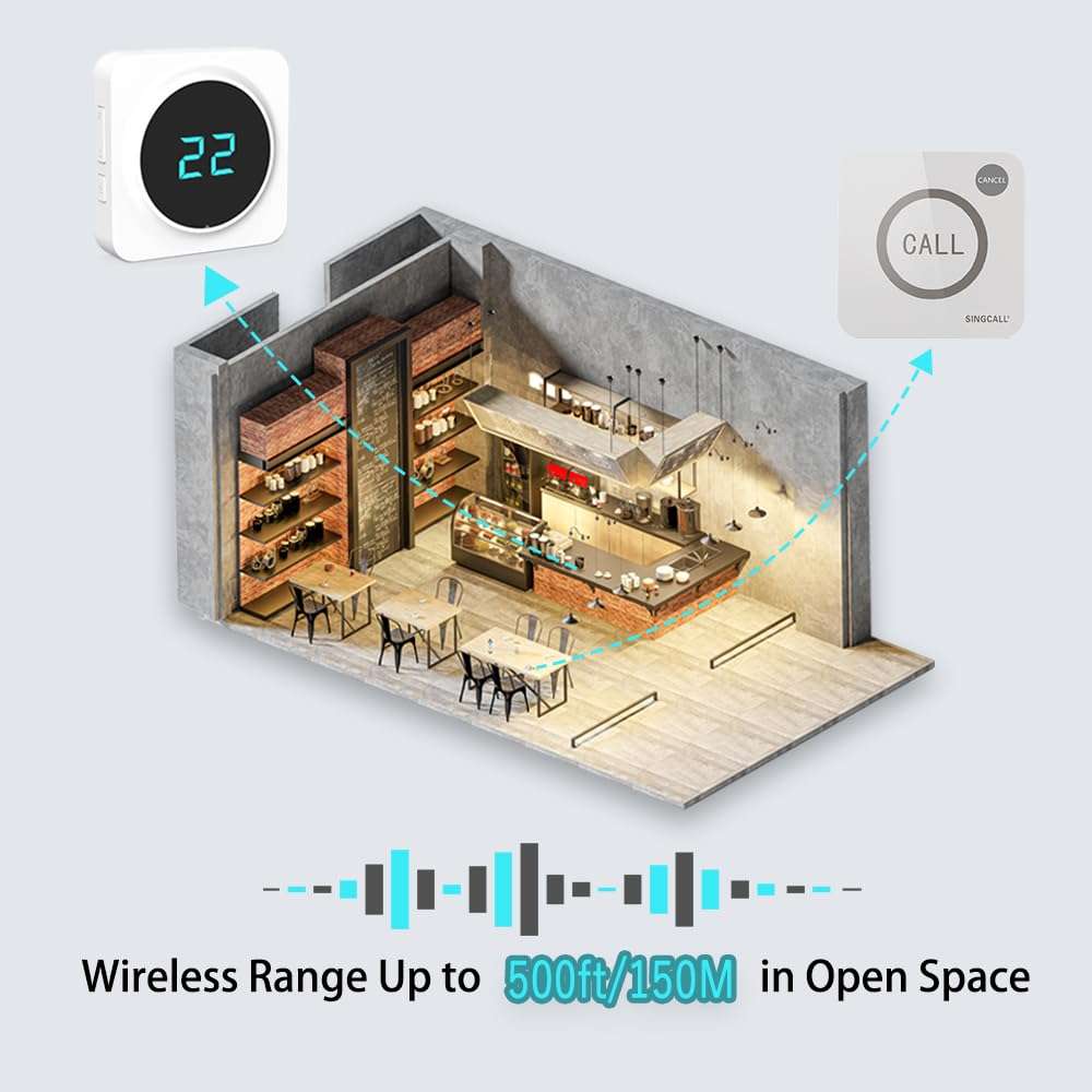 SINGCALL Restaurant Pager System Waiter Calling System Pagers and Beepers for Kitchen,Fast Food,Hotel,Restaurants,Cafe,Bar to Call Waiters 8 Waterproof Wireless Call Buttons 1 Number Display Receiver 6