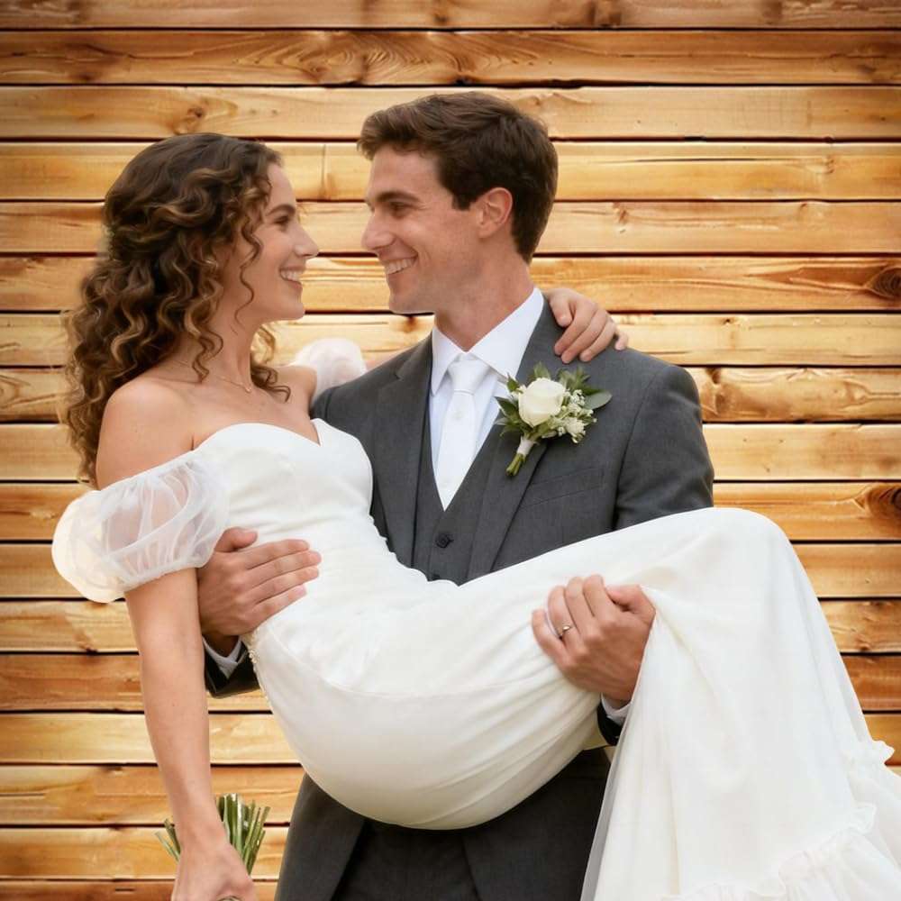 7x5FT Wooden Backdrop with Ribbon & 4 Brass Grommets, Rustic Wood Backdrop for Photography, Vintage Brown Wood Wall Background for Baby Shower, Wedding, Birthday, Party Decorations 6