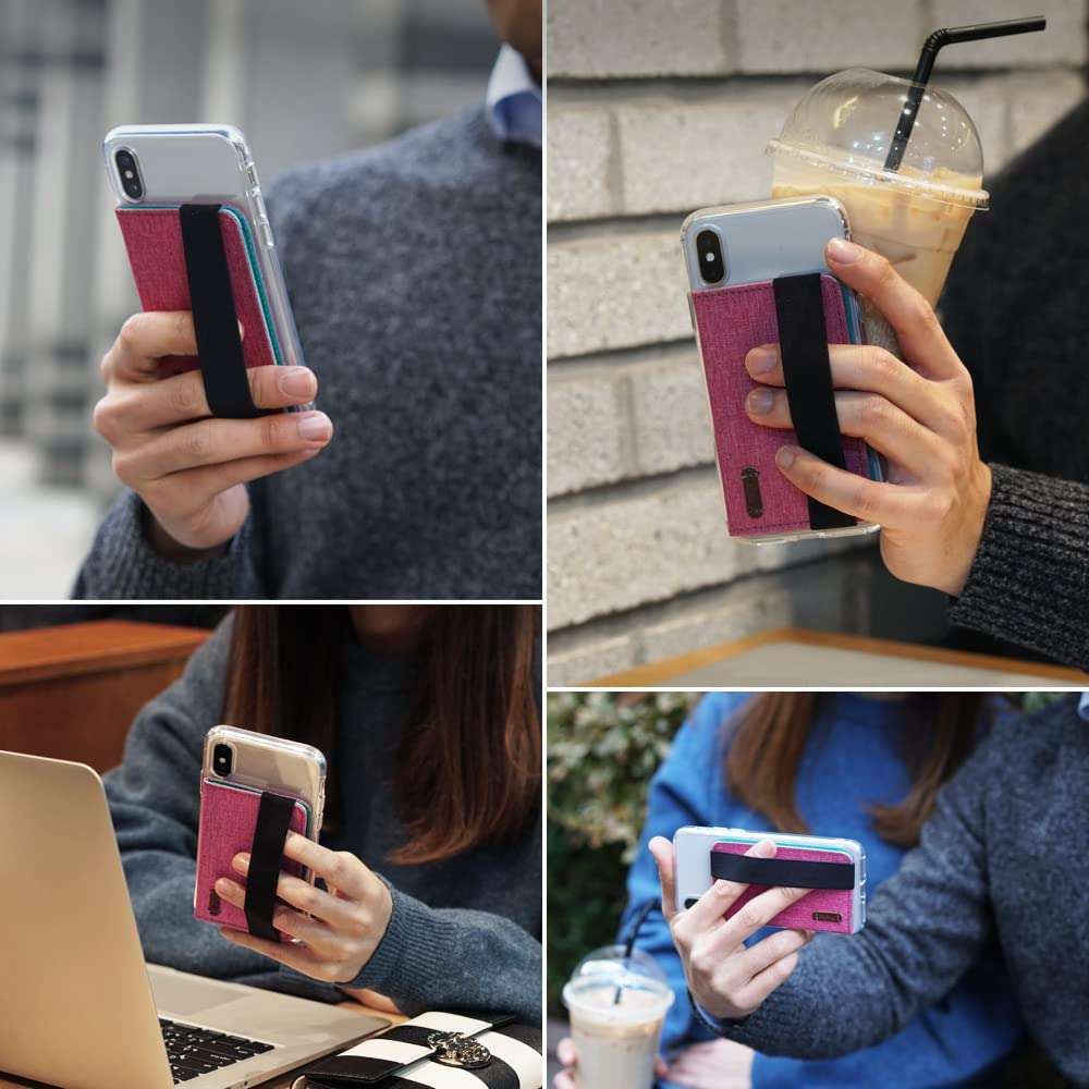 Ringke Flip Card Holder Faux Saffiano Leather with Elastic Hand Strap Multi-Card Slot Wallet Credit Card Cash Holder Attachment Compatible with Most Smartphones, Android and More - Chic Black 6