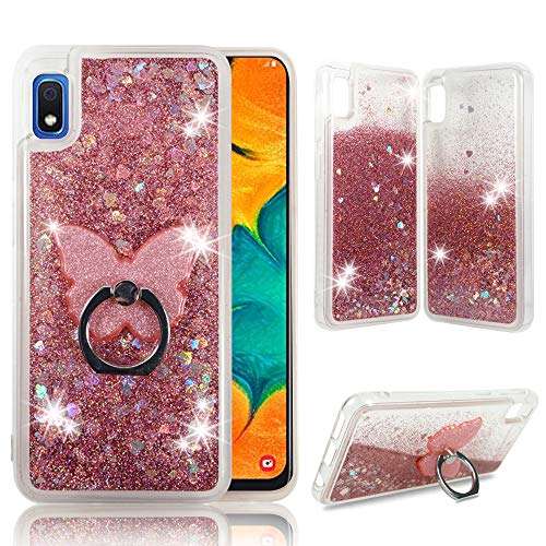 Samsung A10e Clear Case, ZASE Liquid Glitter Sparkle Bling Compatible with Galaxy A10E 5.8 inch (Boost/AT&T) Cute Girls Women Durable Protective Cover Floating Quicksand w/Phone Ring Stand (Pink Rose) 1