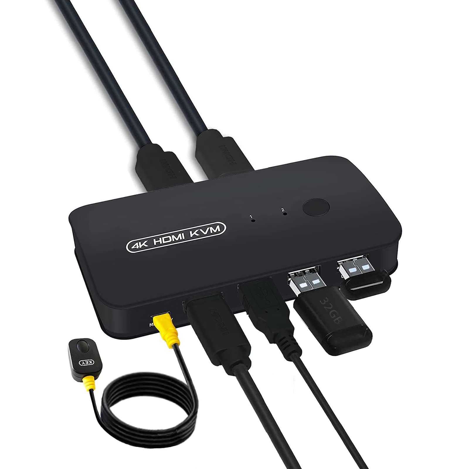 USB HDMI KVM Switch 2 Ports with Cables, Selector Switcher for 2PC Sharing Video Monitor and Keyboard, Mouse, Scanner, Printer, HUD 4K×2K@30hz 1