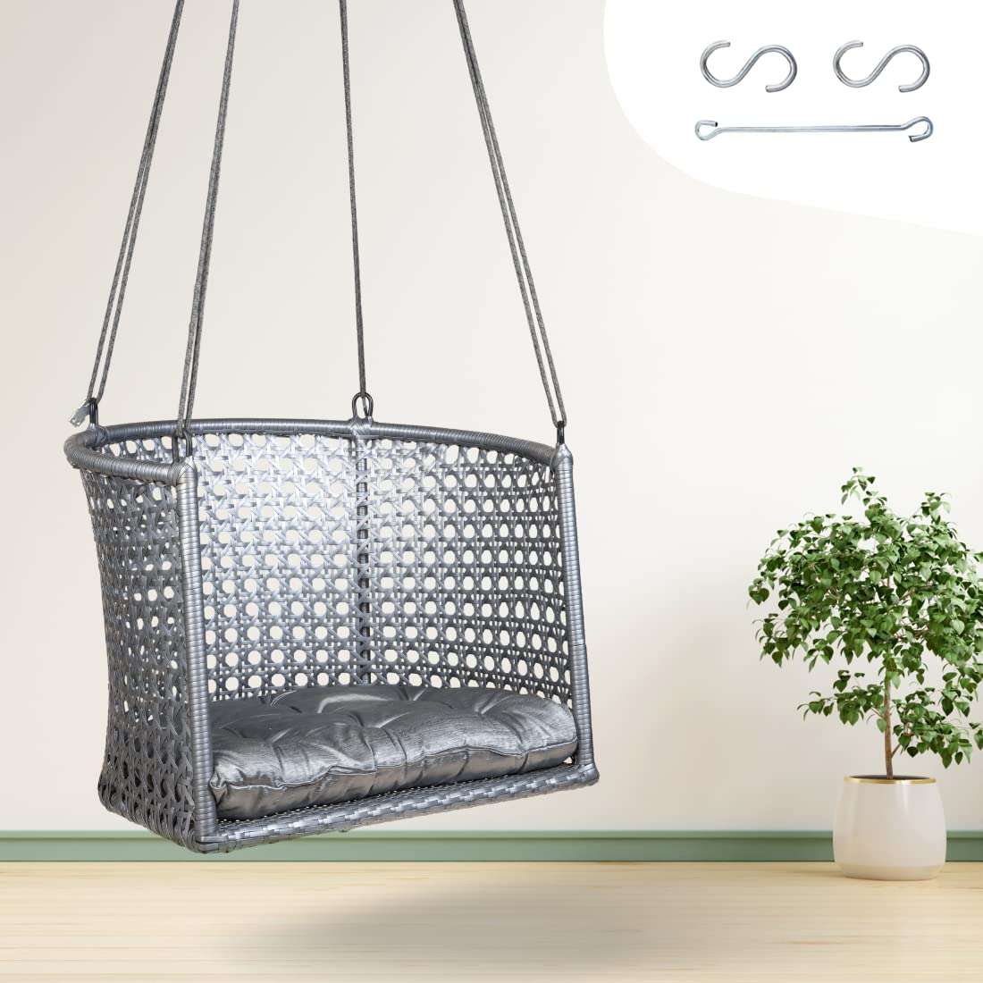 Swingzy Premium C Shape 6 Star Swing Chair for Adults for Home/Swing for Adults/Swing with a Comfortable Cushion/Hanging Jhula for Adults/Hanging Accessories Included (57 x 73 x 200 Cm, Grey) 3