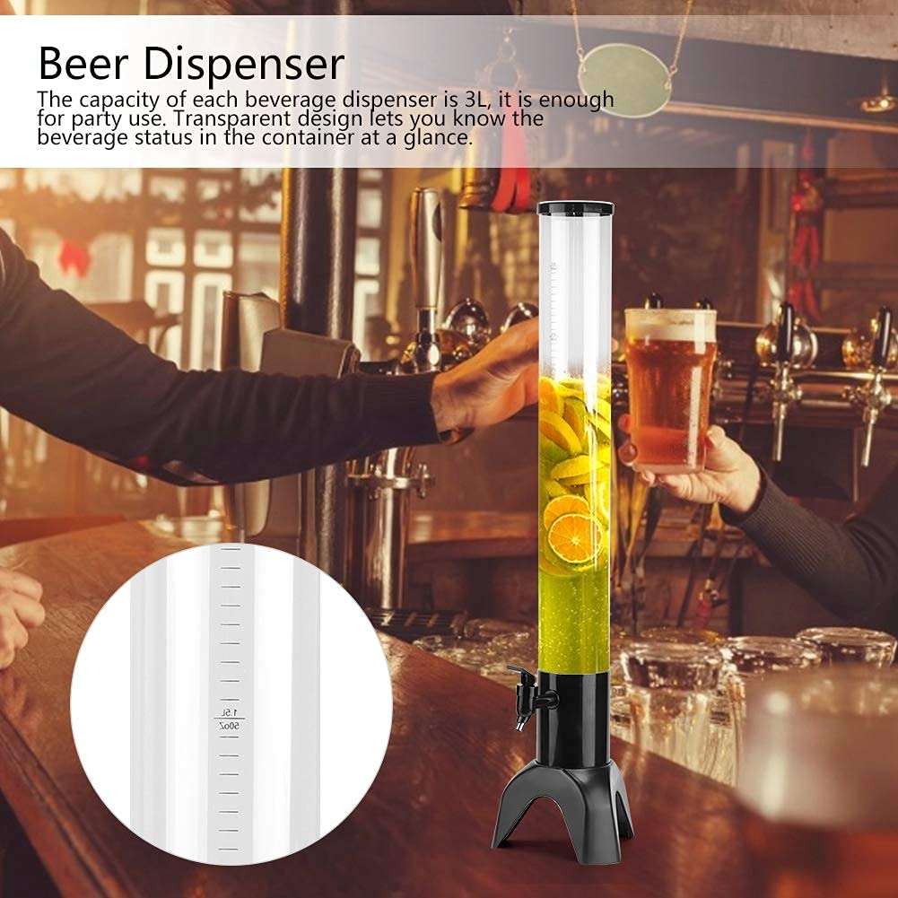 THW 3 Litre Three-Legged Metal Base Draft Beer Tower Juice Beverage Dispenser with Removable Ice Tube for Keeping Liquid Cold, Black 3