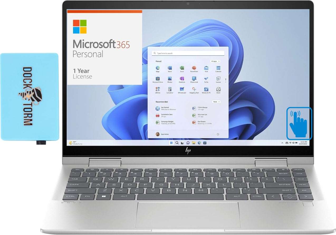 HP Envy x360 Home & Business 2-in-1 Laptop (Intel Core 5 120U 10-Core, 8GB RAM, 1TB PCIe SSD, Intel Graphics, 14.0" 60 Hz Touch Win 11 Pro) with MS 365 Personal, Dockztorm Hub 1