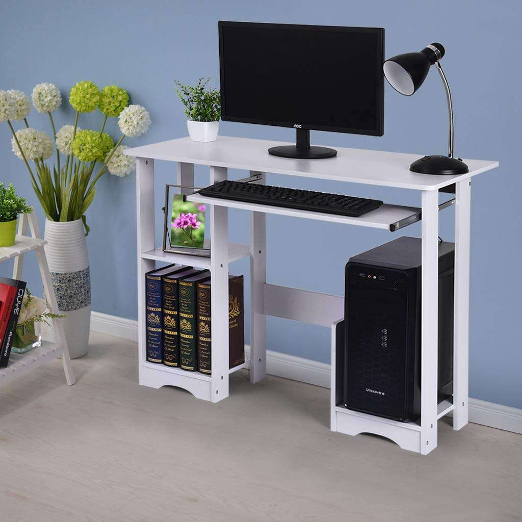 OKBOP Desktop Home Computer Desk with Storage Shelves Keyboard Tray, Modern Writing Desk Wood Student Study Table Notebook Workstation, White Small Office Desk (White) 1