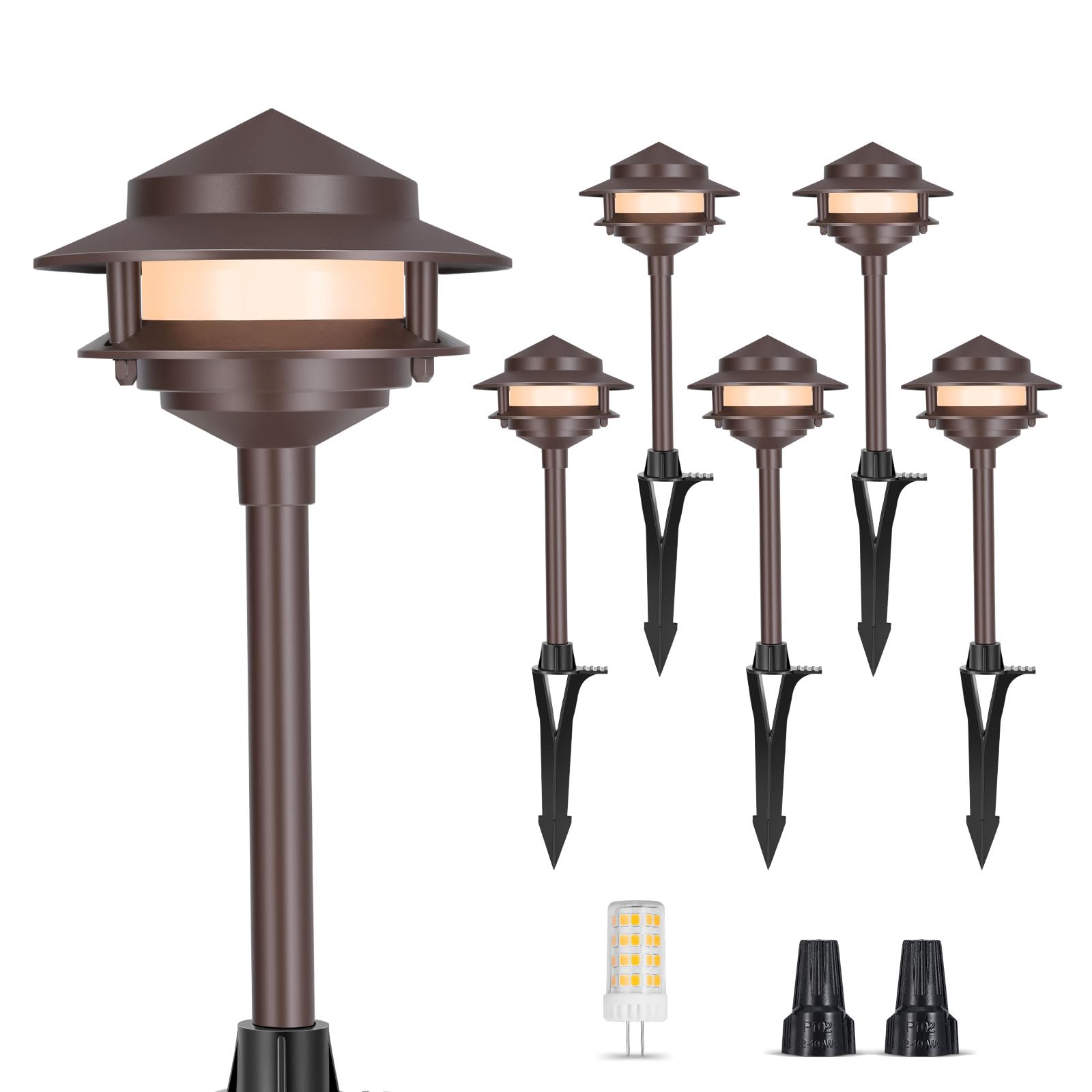 Gardencoin Pagoda Low Voltage Pathway Lights, 12V Outdoor LED Landscape Path Lights Wired, Cast Aluminum Walkway Lighting with 4W 2700K Replaceable G4 Bulb, Bronze Classic Shade, 480LM, 2-Tier 6 Pack