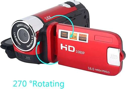 Digital Camcorder Video Camera 1080P 16MP Full HD 270░ Rotation Wide Angle Vlogging Camera Recorder 3.0 Inch IPS Screen 16X Zoom Camcorders Built-in NP5C Lithium Battery Support 32GB SD Card(Red-US) 4