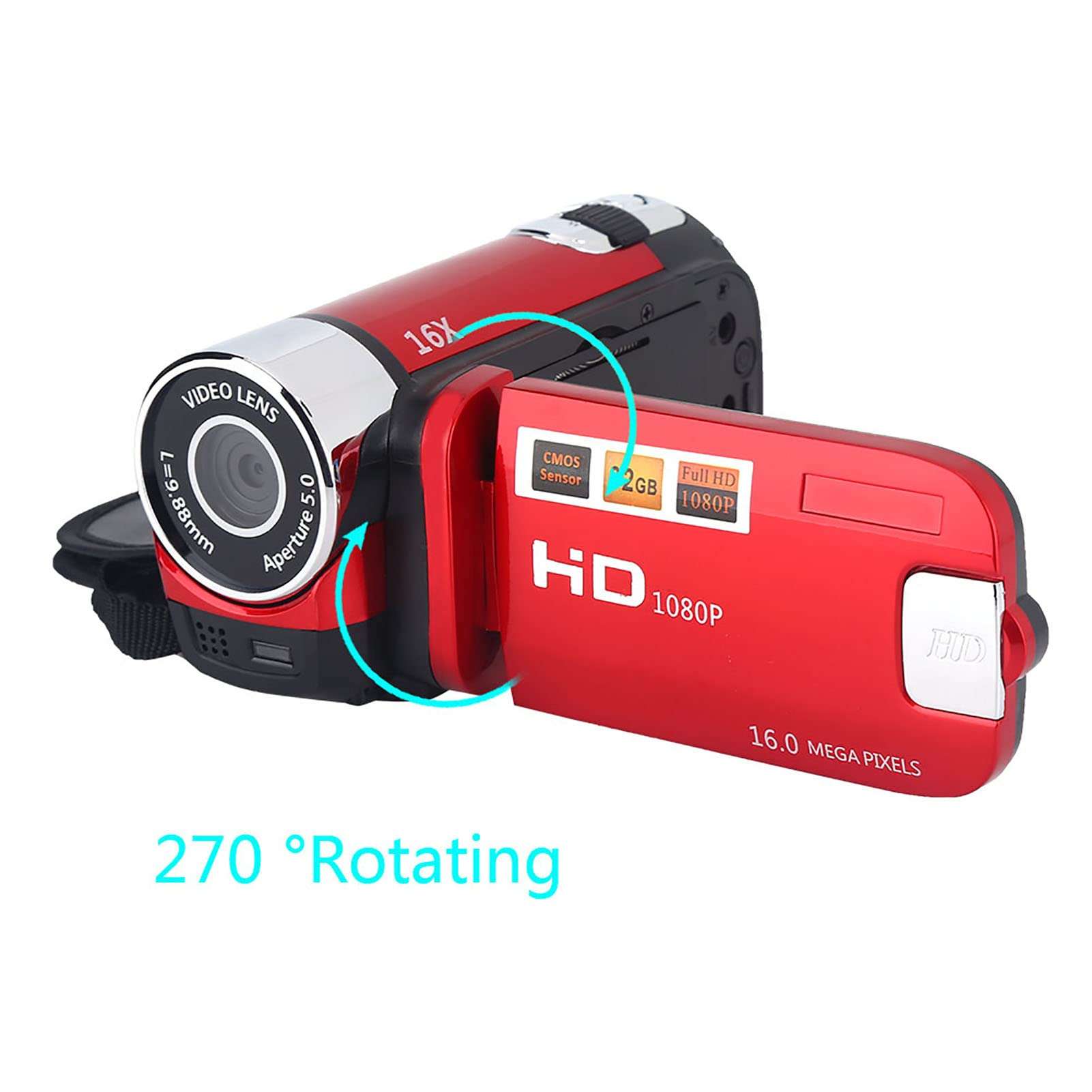 Digital Camcorder, Full HD 270° Rotation 1080P 16X High Definition Video DV Camera Professional Shooting Video Camera for Home Party Outdoor Picnic Camping(red, U.S. regulations) 2