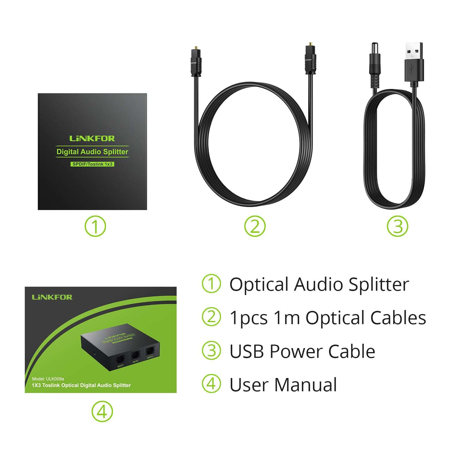 LiNKFOR Digital Optical Audio 1x3 Splitter Digital SPDIF Toslink Optical Fiber Audio Splitter 1 in 3 Out Aluminum Alloy with Optical Cable Support 5.1CH Dolby-AC3 DTS for PS3 Blue-Ray DVD HDTV 5