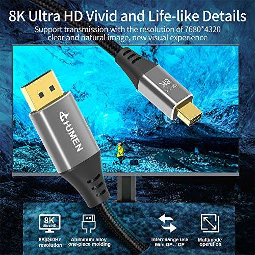 PDTXCLS HLXFF3 DGHUMEN Mini DisplayPort to DisplayPort Cable, Mini DP to DP Cable, with Dual Mini DisplayPort and Standard DisplayPort Connectors, Support 8K@60Hz/4K@144Hz (10ft/3M) 5