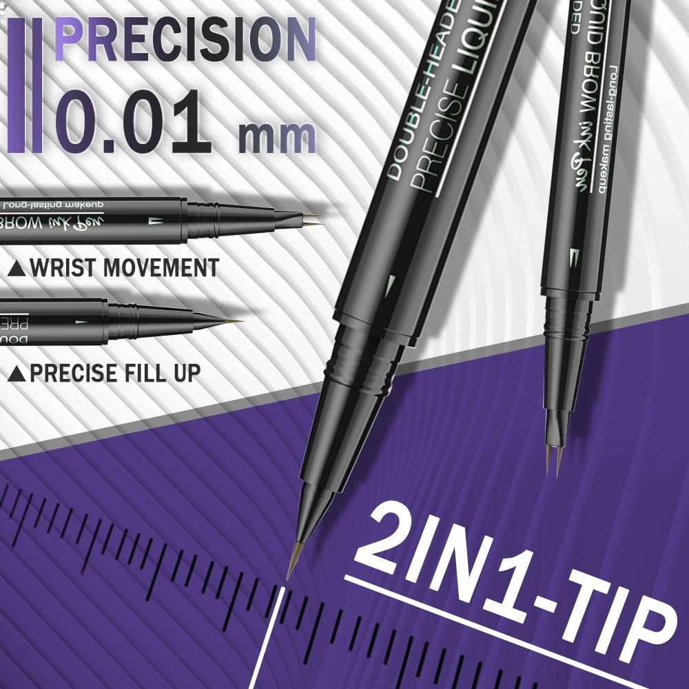 Pinkiou Microblading Eyebrow Pen, 2-In-1 Waterproof Eyebrow Pen, Dual-Ended Eyebrow Pen with 2-Fork-Tips and Precision Brush, Eyebrow Pen for Natural Hair-Like Brows, Long Lasting, Black Brown 5