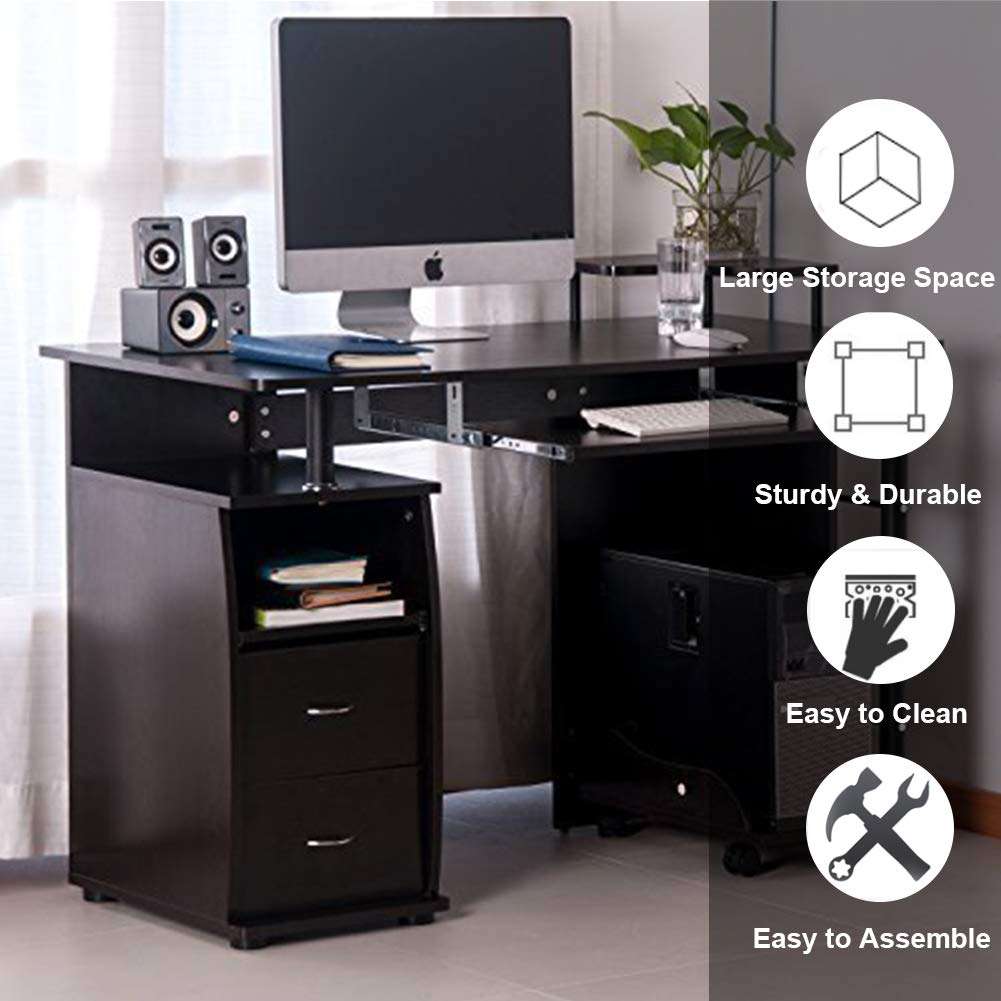 Binrrio Computer Desk, Wood Home Office Computer Desk, Laptop PC Table Writing Study Table Computer Workstation with Storage Drawers，Keyboard Tray, Printer Tray 6