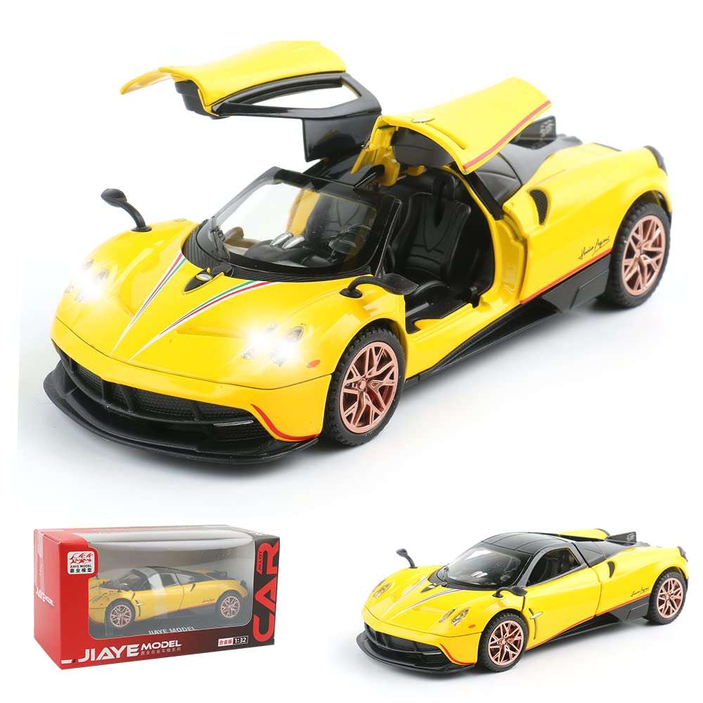 chengchuang Diecast Toy Car Collectible Pagani Huayra Dinastia Sports Car Model,1:32 Scale Zinc Alloy Simulation Casting Pull Back Vehicles with Lights and Music for Toddlers Kids Children (Yellow) 1