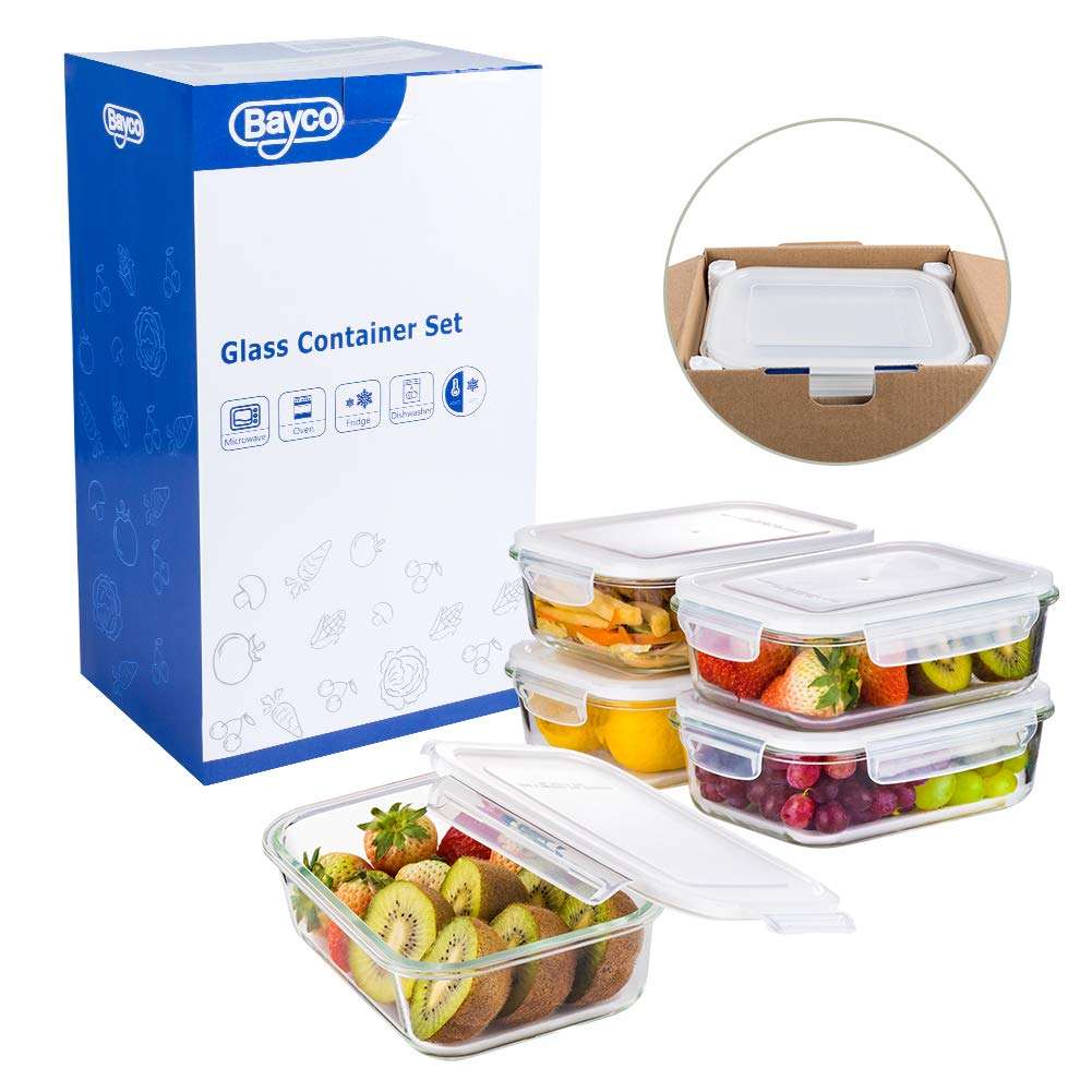 Bayco Large Glass Meal Prep Containers, [5 Pack, 36oz | 4.5cups] Glass Food Storage Containers with Lids, Airtight Glass Bento Boxes, BPA Free & Leak Proof (5 lids & 5 Containers) 4