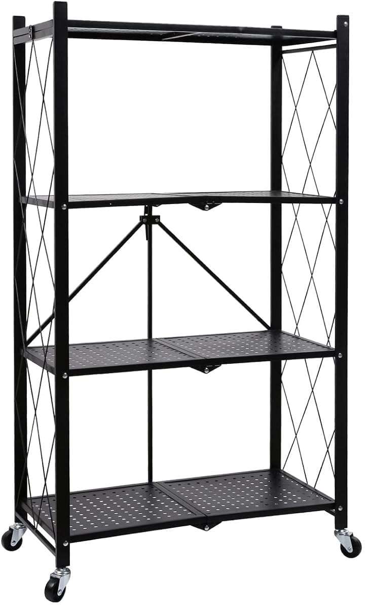 RAJA DHIRAJ 4-Tier Heavy Duty Foldable Metal Rack Storage Shelving Unit with Wheels Moving Easily Organizer Shelves Great for Garage Kitchen, Black (4 Layer) 1