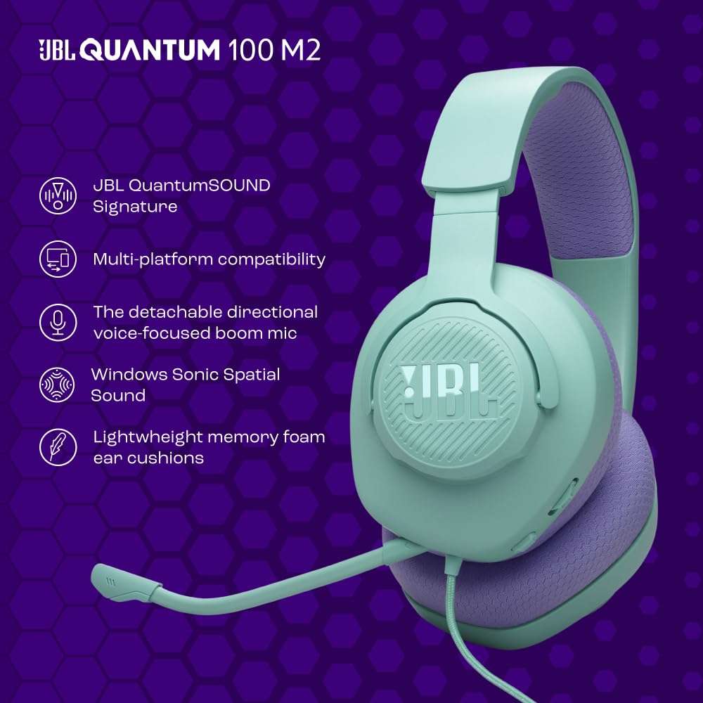 JBL Quantum 100M2 Wired Gaming Headphones, Supports Windows Sonic Spatial Audio, 40mm Realistic Dynamic Drivers, Omnidirectional Detachable Mic, Breathable Memory Foam Cushions, PC/Xbox/PS/3.5mm-Cyan 3