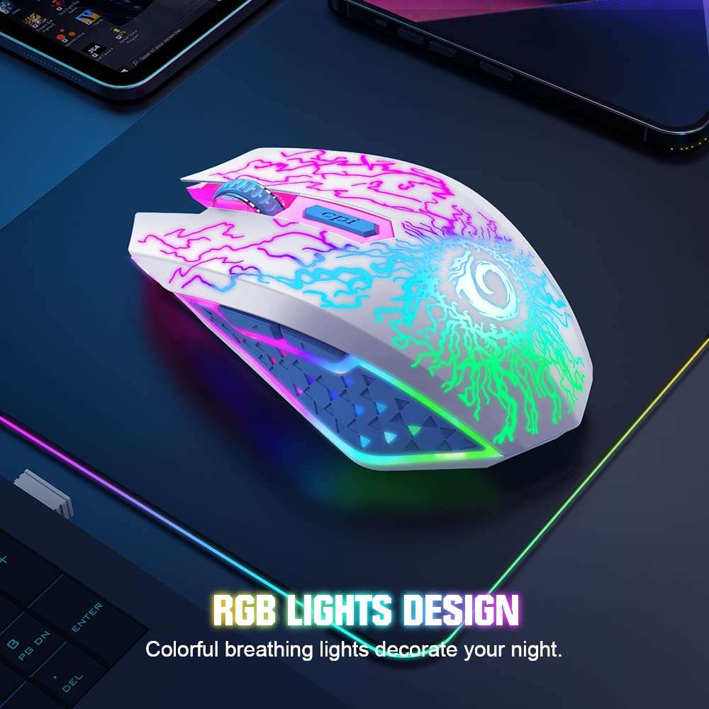 VersionTECH. Wireless Gaming Mouse, Rechargeable Computer Mouse Mice with Colorful LED Lights, Silent Click, 2.4G USB Nano Receiver, 3 Level DPI for PC Gamer Laptop Desktop Chromebook Mac-White 4