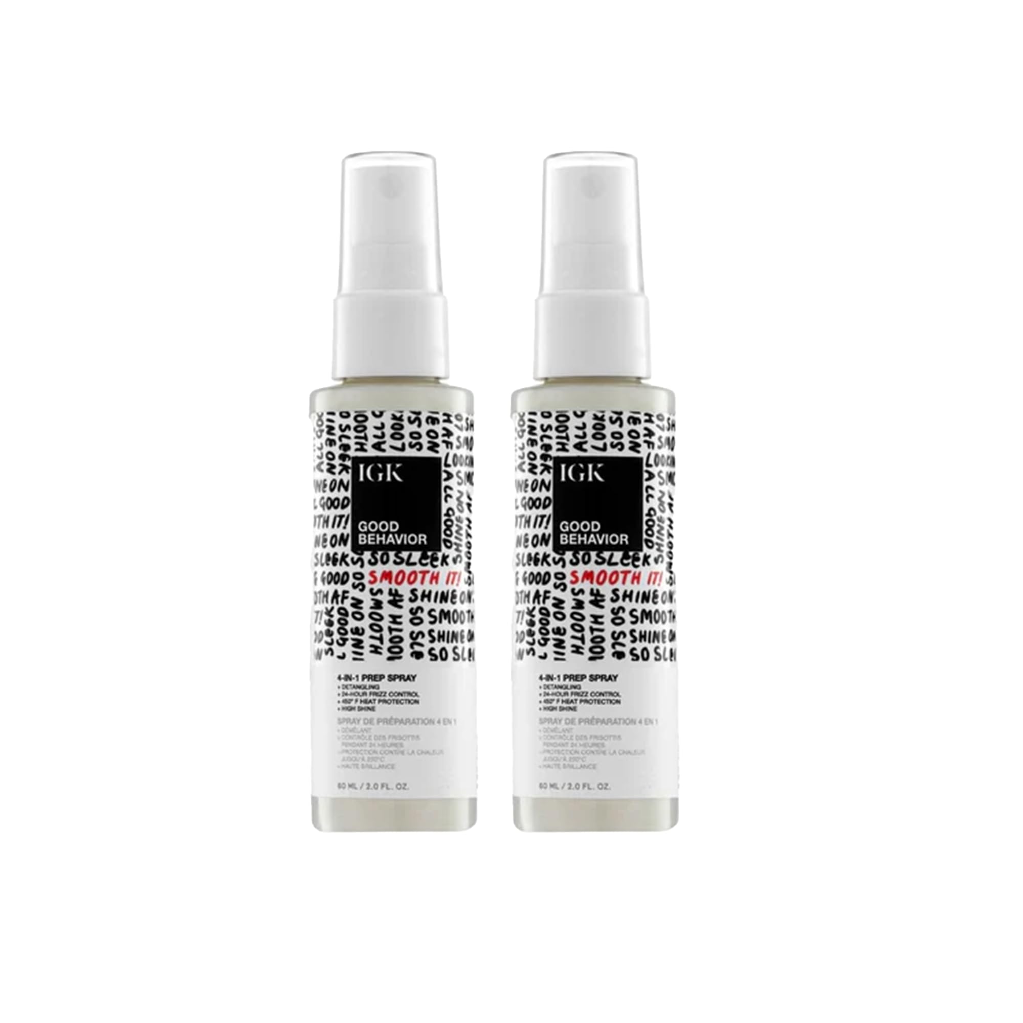 IGK GOOD BEHAVIOR 4-in-1 Prep Spray Travel Size | Gently Detangles, Controls Frizz for 24 Hours, Heat Protection & Shine | Weightless Formula for Smooth Hair | 2.0 Fl Oz (Pack of 2) 1