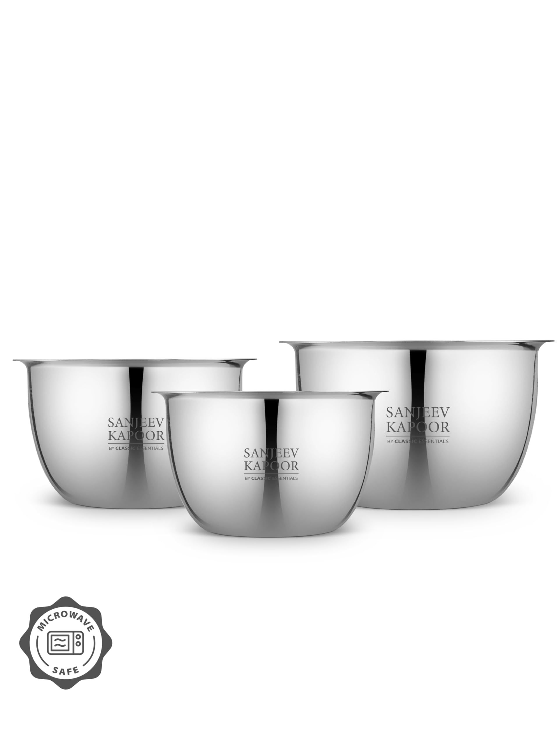 Sanjeev Kapoor by Classic Essentials Stainless Steel Set of 3 Mixing & Serving Bowl Microwave-Safe Solid, Durable, Elegant, Mirror Finish Bowl (Silver, 750,1500,1000ML) 3