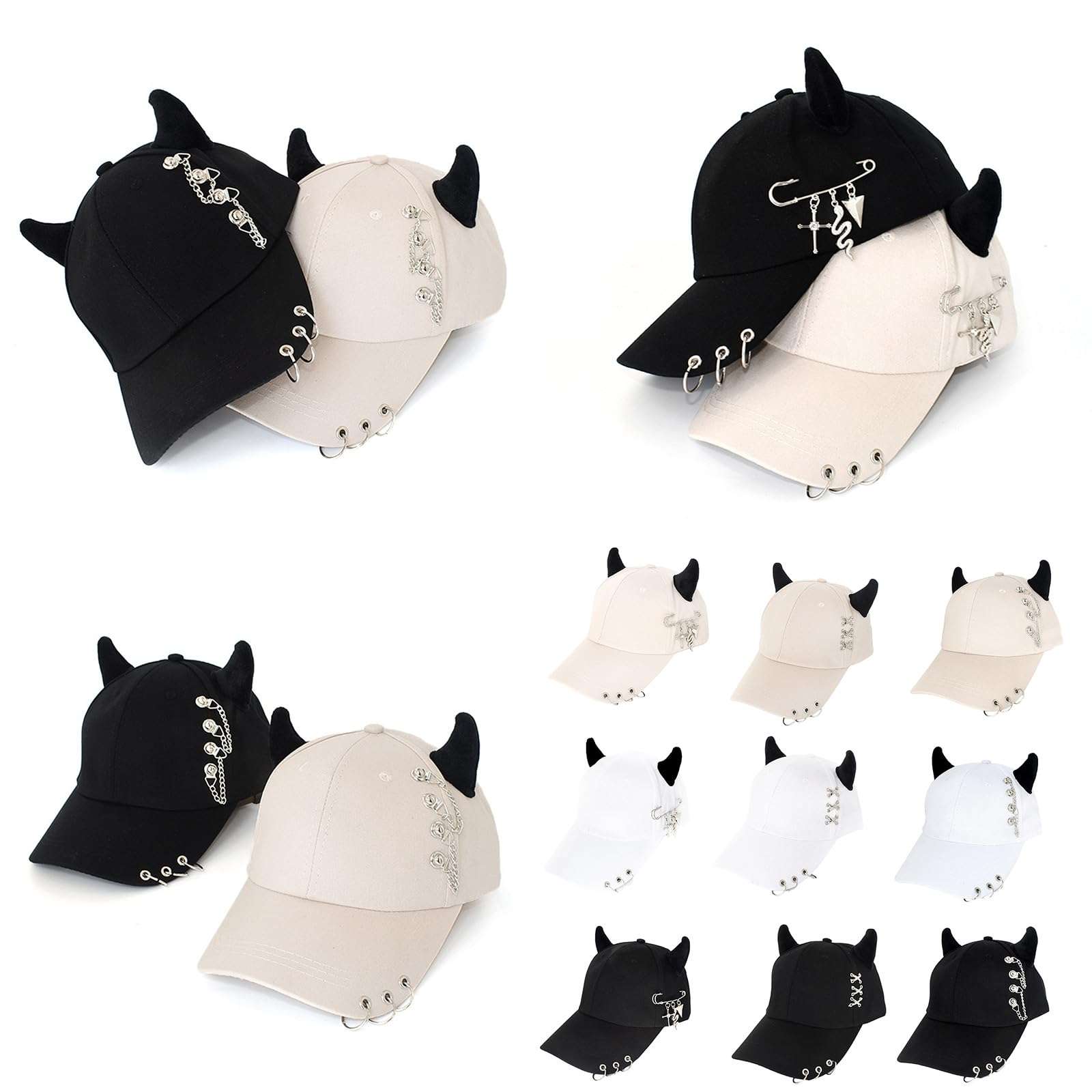 jojnsha Stylish Black Chain Cotton Baseball Caps with Metal Iron Rings Adjustable Strap Breathable Unisex Hip Hop Caps Hat, pin snake beige, 20*15*2cm 3