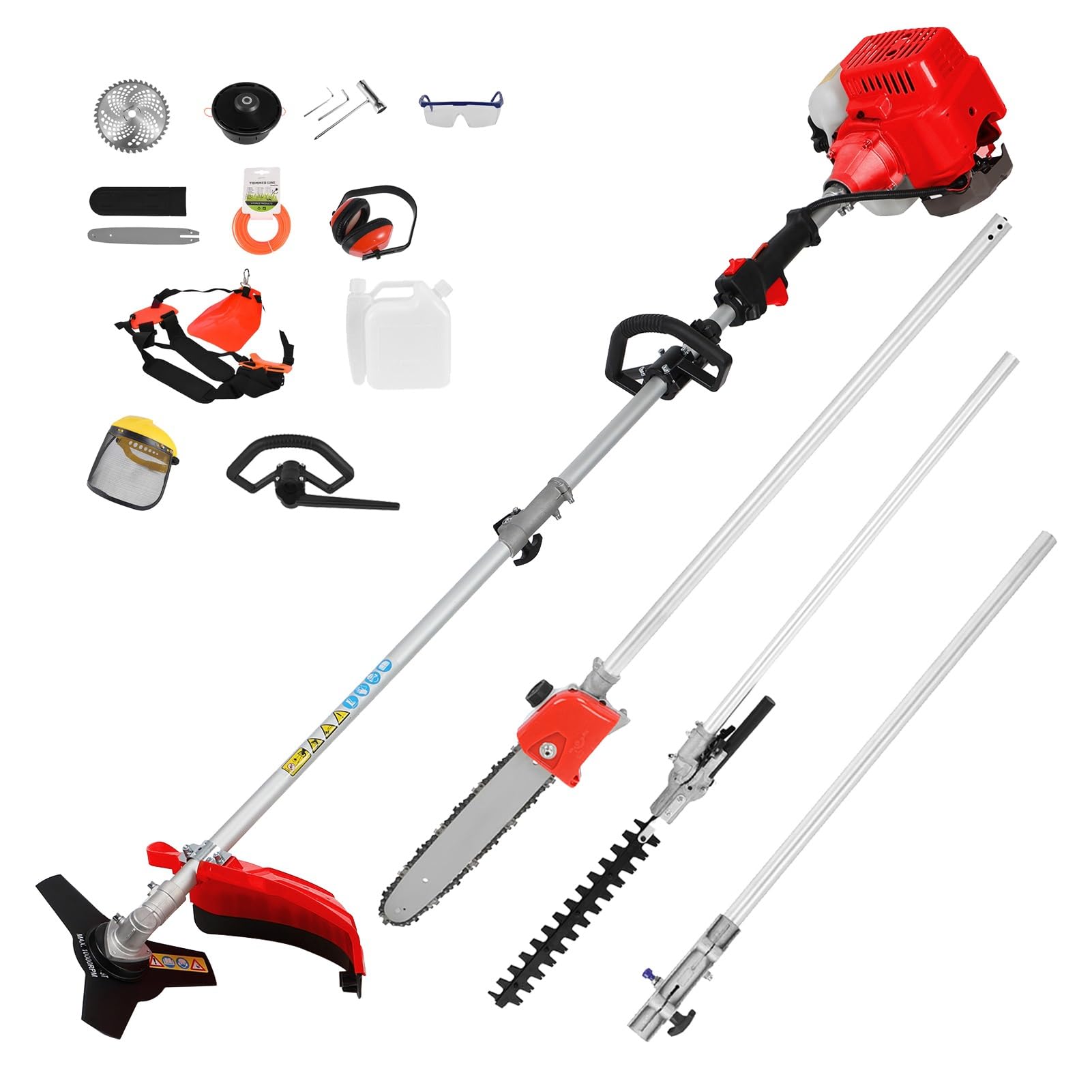 52CC Petrol Grass Strimmer Cordless, 5 in 1 Garden Brush Cutter, Extendable Hedge Trimmer Long Reach, Line Strimmer with 134 Extension Pole, Pole Pruner & Chainsaw for Patio Yard Lawn Red