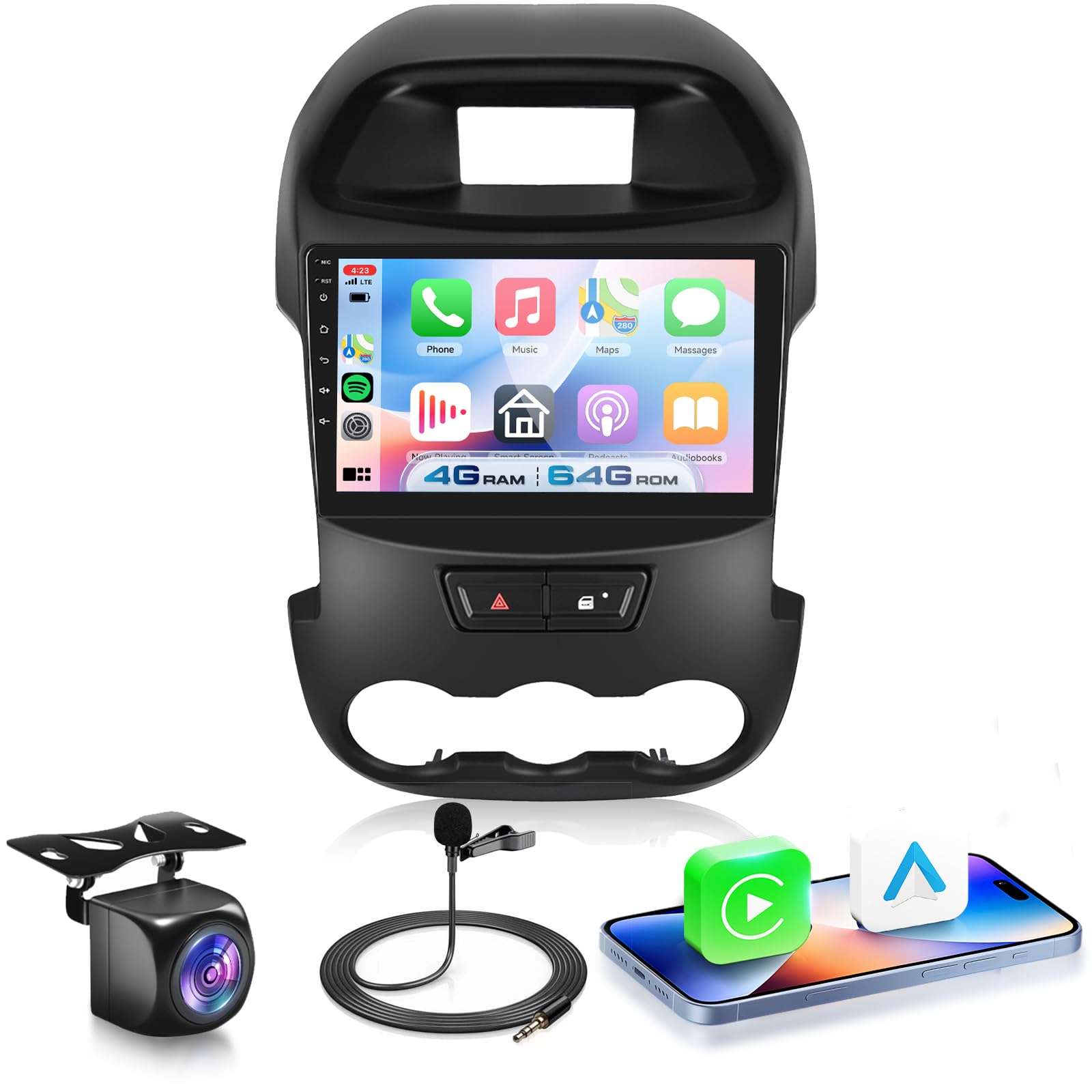 4G+64G Android 15 Car Stereo for for Ford Ranger F250 2012-2015 with Wireless Carplay Android Auto, 9 Inch 1280 * 720 Touch Screen GPS/WiFi/Bluetooth 5.0/ FM/32EQ/ SWC/Backup Camera 1