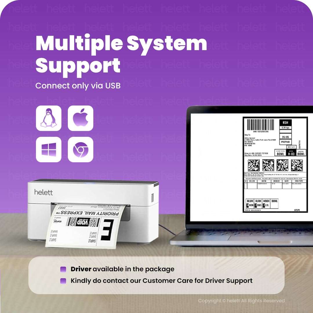 Helett® H30C USB Direct 4×6" Shipping Label Printer |Adjustable Label Size| 203DPI Resolution 152mm/s Printing Speed Compatible with Windows,Mac,Linux Chrome OS (1Year Warranty) White 6