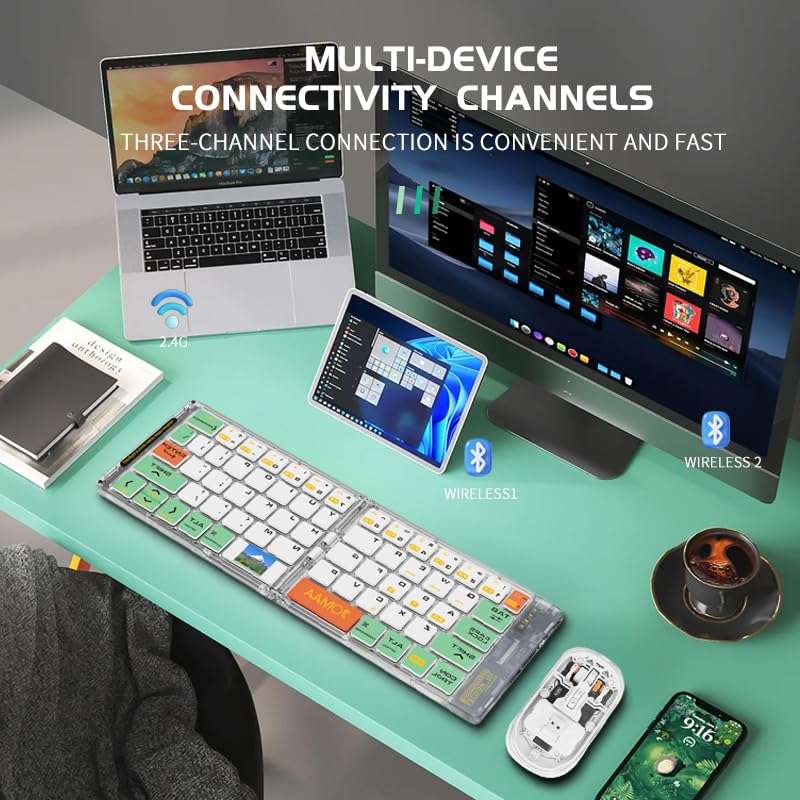 Wireless BT Foldable Keyboard and Mouse Combo,Ultra Slim, Rechargeable, Silent, Portable Travel Keyboard for Laptop, Tablet,Phone (Green) 6