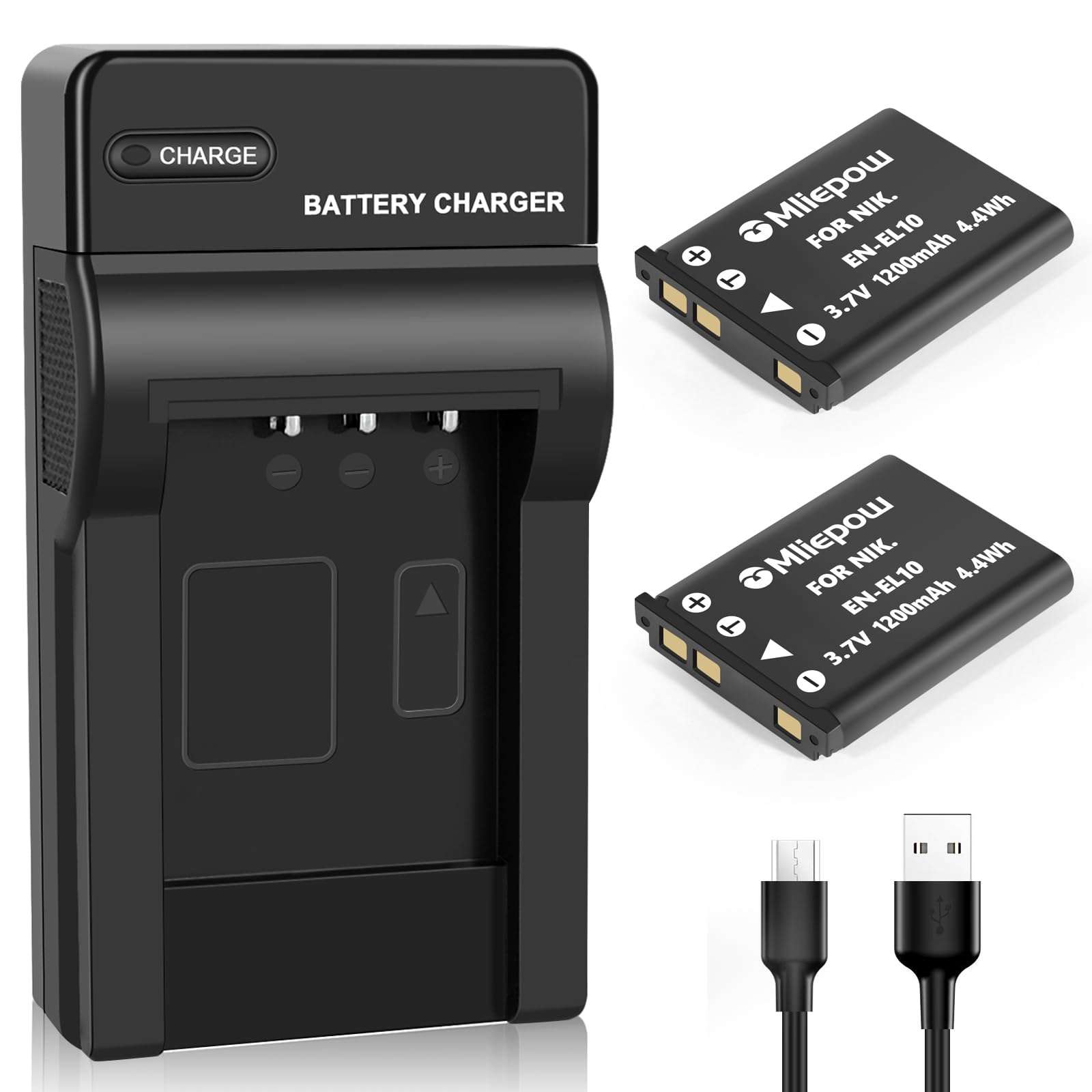 Mliepow 2 Pack EN-EL10 Battery and Micro USB Charger Compatible with Nikon Coolpix S60, S80, S200, S205, S220, S230, S500, S510, S520, S570, S600, S700, S3000, S4000 Digital Cameras, MH-63 Charger 1